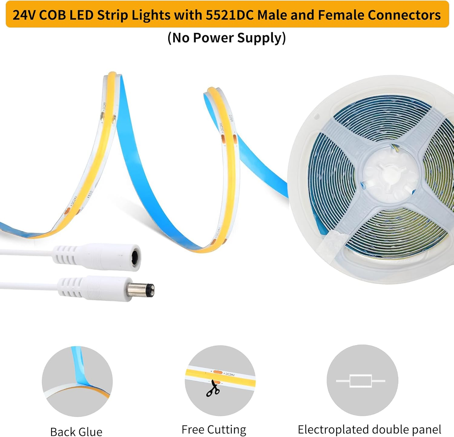 Clearhill 24V COB 320LED Strip Lights,32.8Ft/10M(No Power Supply),Warm White 3000K,320Leds/M,With 5521DC Male and Female Connectors,8Mm Width,Electroplated Double-Sided Panel,Ip20,For DIY Home Indoor image number 3