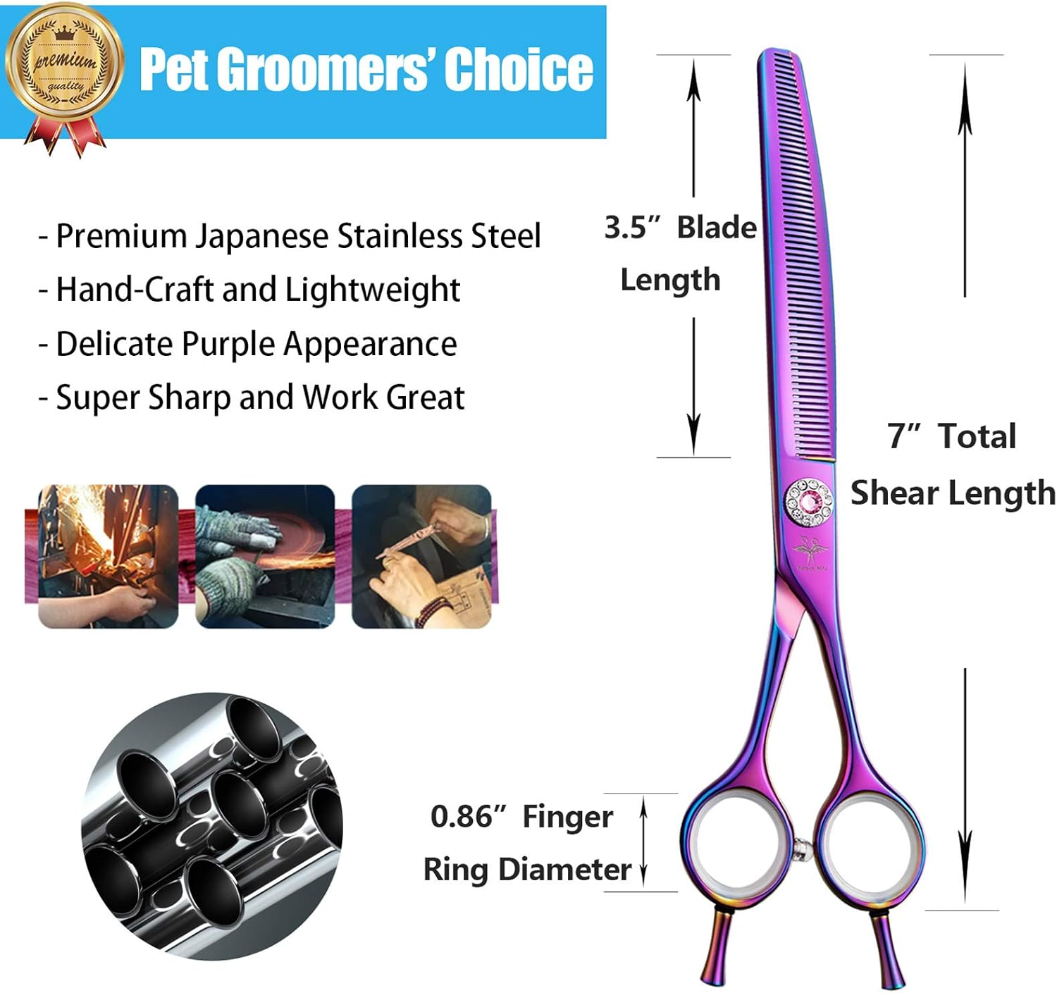 PURPLEBIRD 7 Inch Downward Curved Dog Grooming Scissors Thinning Texturizing Shears Professional Safety Blunt Tip Trimming Shearing for Dogs Cats Face Paws Limbs Japanese Stainless Steel Purple image number 3