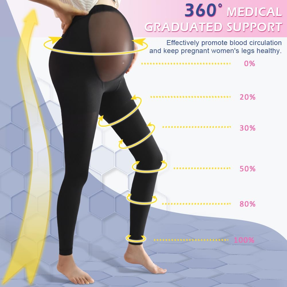 Maternity Medical Compression Tights by Beister, 20-30Mmhg Graduated Support Pregnancy Legging with Button Elastic Band & Abdominal Protection, Footless High Waist Compression Pantyhose for Varicosity