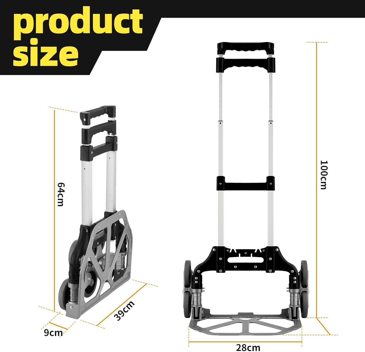 Hand Truck with Stair-Climbing Wheels Foldable Dolly Cart for Stairs Aluminum Utility Cart with Telescopic Handle & Elastic Rope for Luggage, Travel, Shopping 75KG