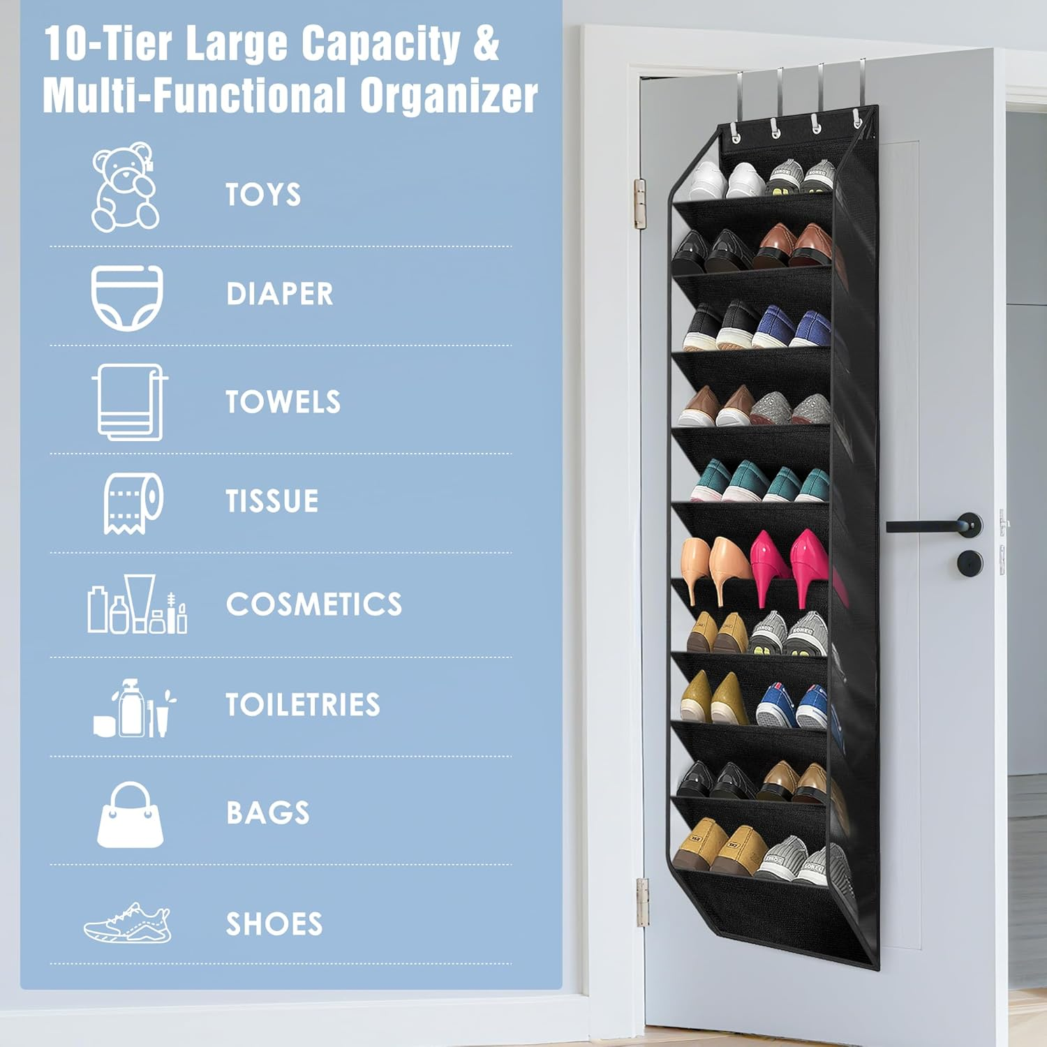 Ipow 10-Tier over the Door Shoe Organiser Storage, 180X42Cm Oxford Fabric Rack with 1200G Cardboard, Heavy Duty Space Saving Storage for Sneakers image number 1