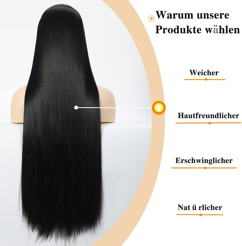 Wig Black Long Straight Wig for Women, Synthetic Fibre Smooth Wigs with Fringe for Women, 80 Cm Long Straight Black Synthetic Wig with Fringe Bangs for Women image number 4
