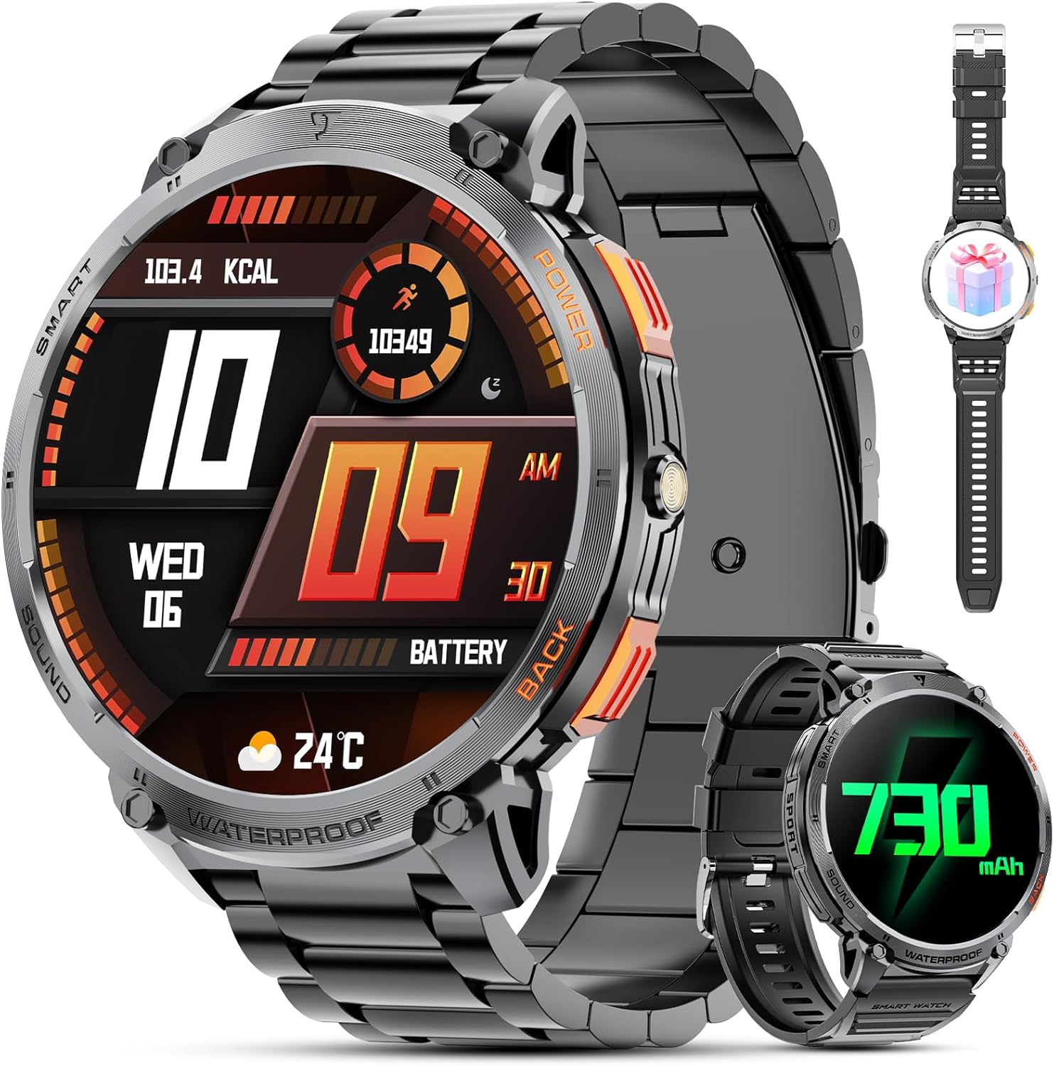 Military Smart Watches for Men, 1.85" HD Large Screen Smart Watch, Flashlight/730Mah/110+ Sports Modes Fitness Tracker Watch, Waterproof Mens Smart Watch for Android Phones Iphone Compatible