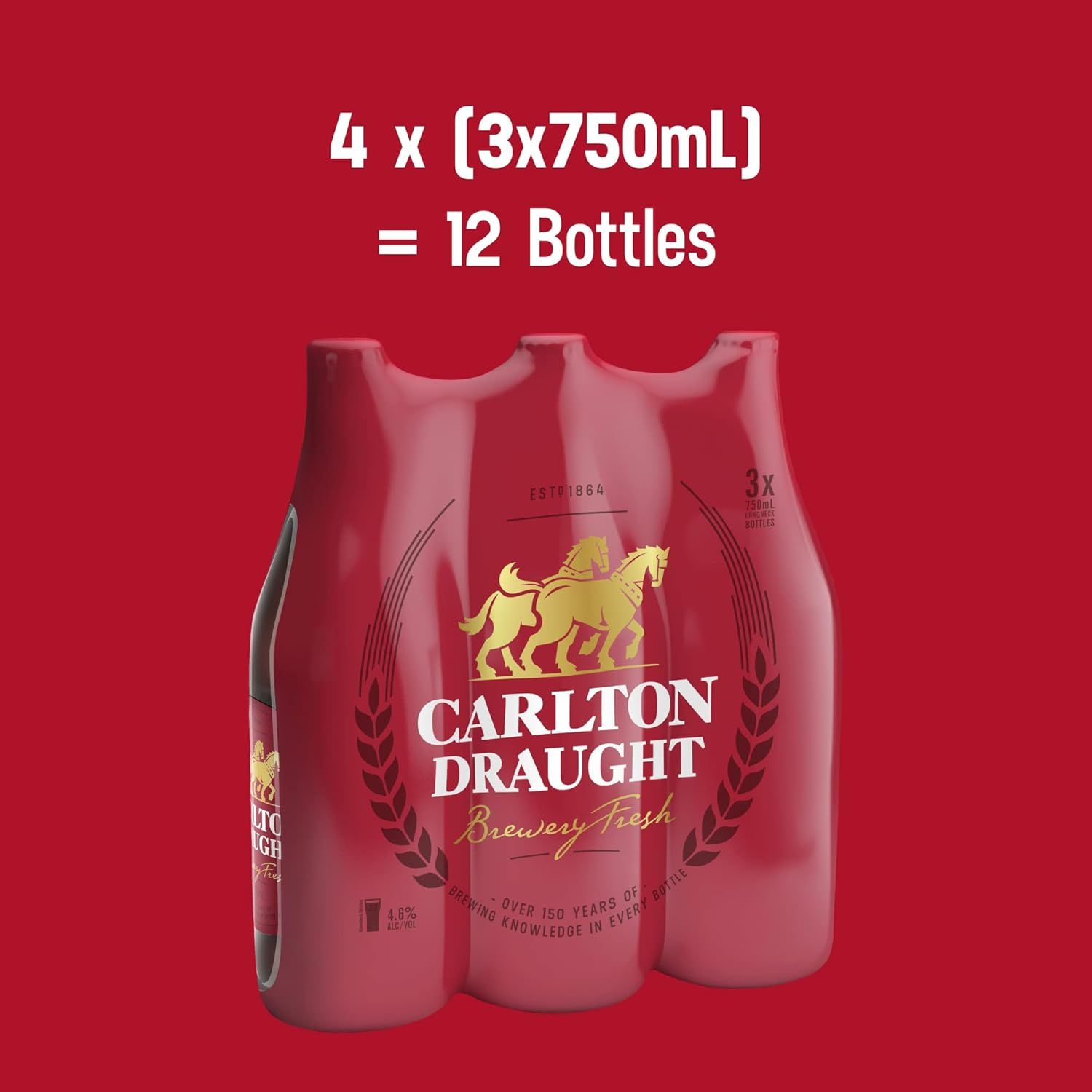 Carlton Draught, Full Strength Beer with Crisp Finish, Classic Australian Lager, 4.6% ABV, 750Ml (Case of 12 Long Neck Bottles) image number 3