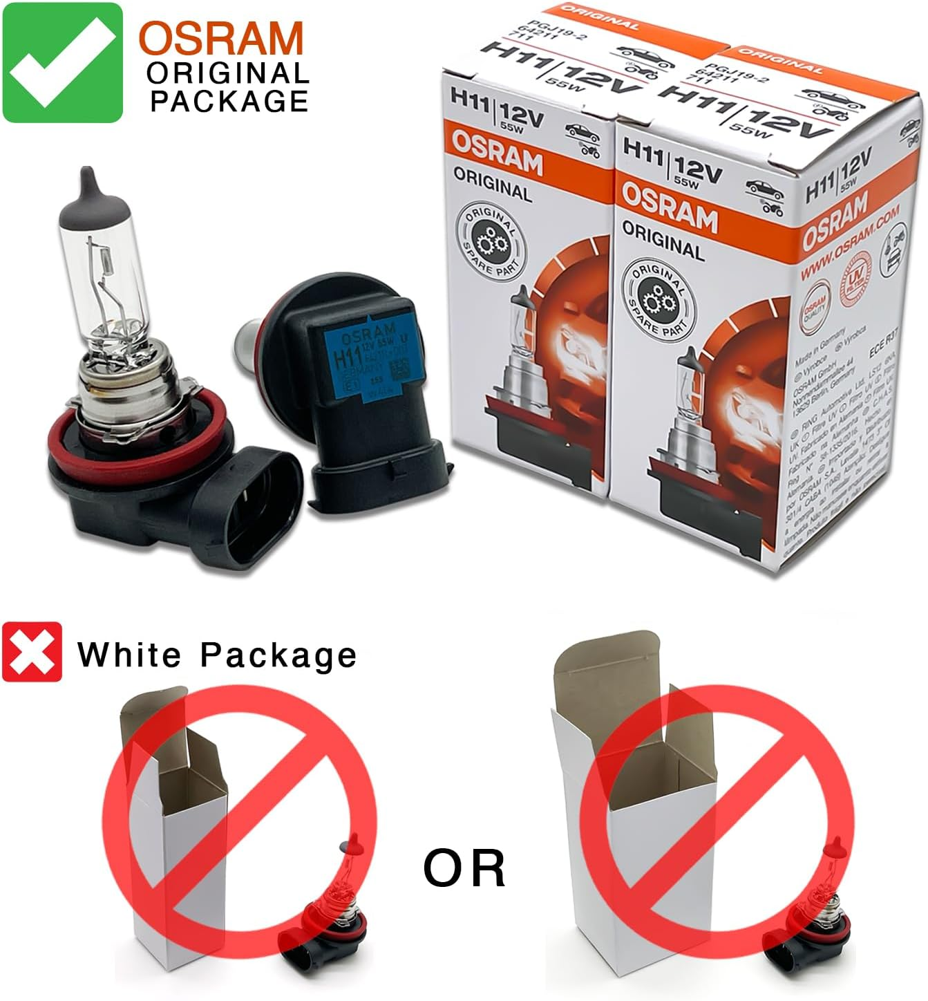 OSRAM H11 OEM Original Standard Halogen Headlight Bulbs 12V 55W 64211L+ (Long Life) Made in Germany | Pack of 2 image number 2