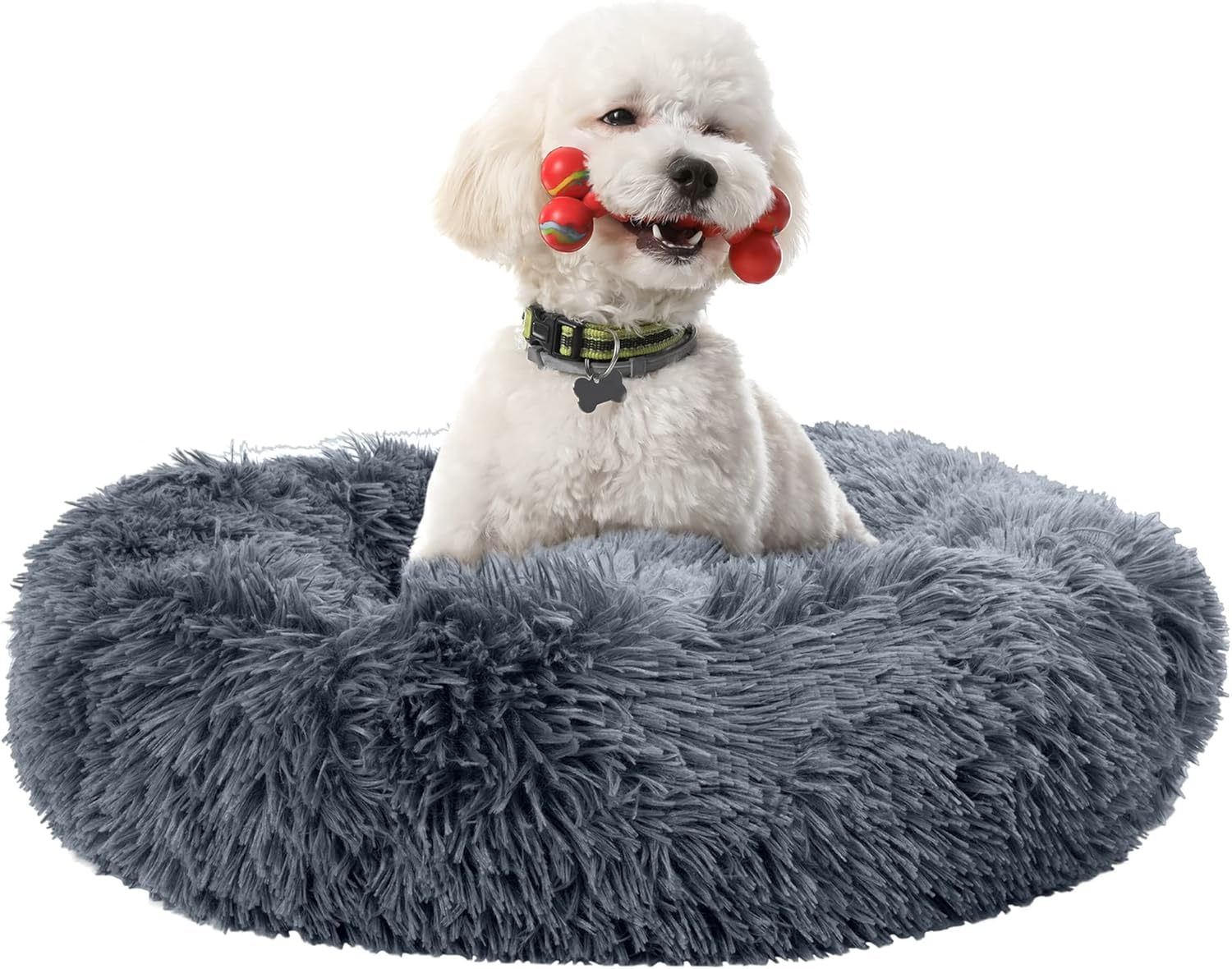 Fur & Bone round Plush Donut Dog Bed, Dog Bed & Cat Bed | Fluffy Dog Bed, Self-Warming Dog Beds | Washable Dog Bed with Non-Slip & Waterproof Bottom Calming Dog Bed, Dog Donut Bed - (70Cm, Dark Grey)