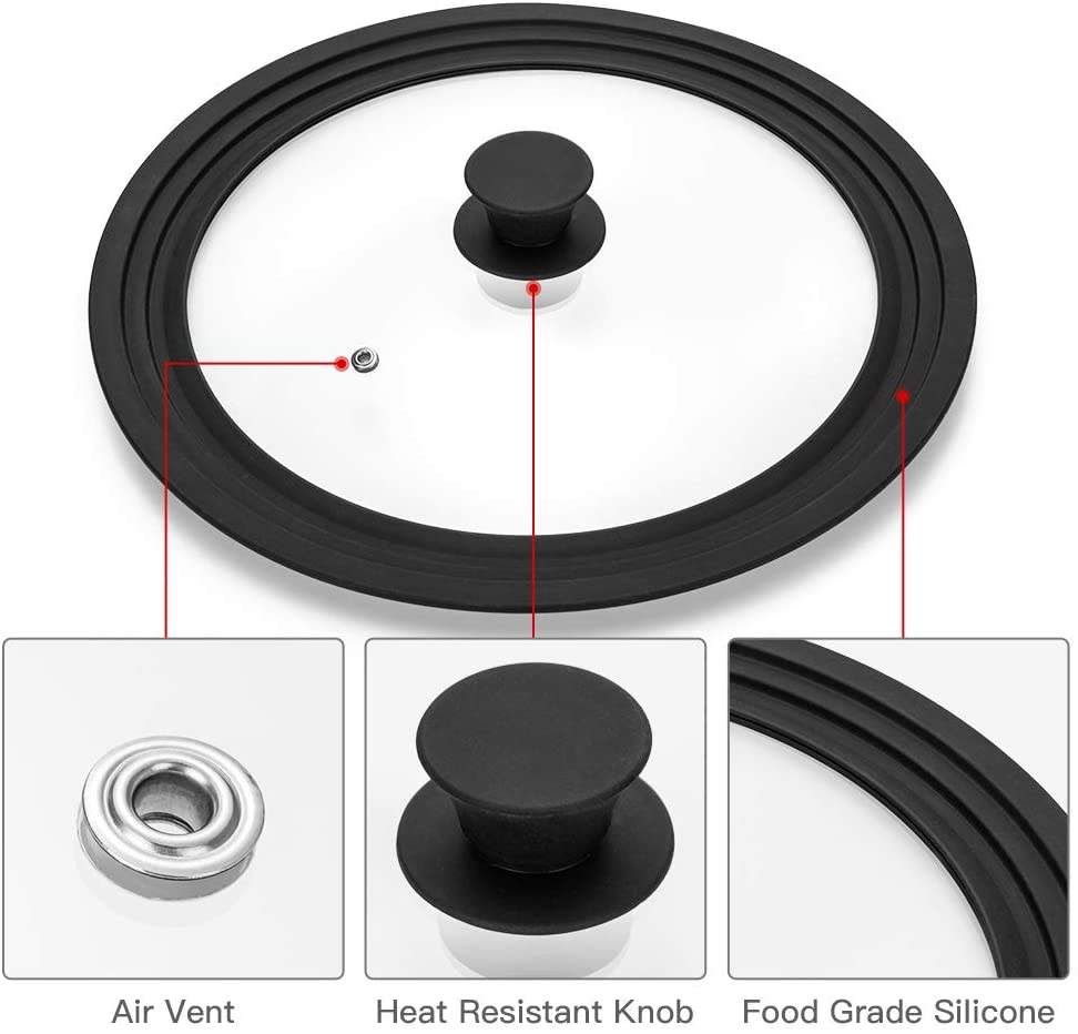 Universal Lid for Pots,Pans and Skillets - Tempered Glass with Heat Resistant Silicone Rim Fits 10.5", 11" and 12" Diameter Cookware,Black 11",12",12.5" Black image number 4