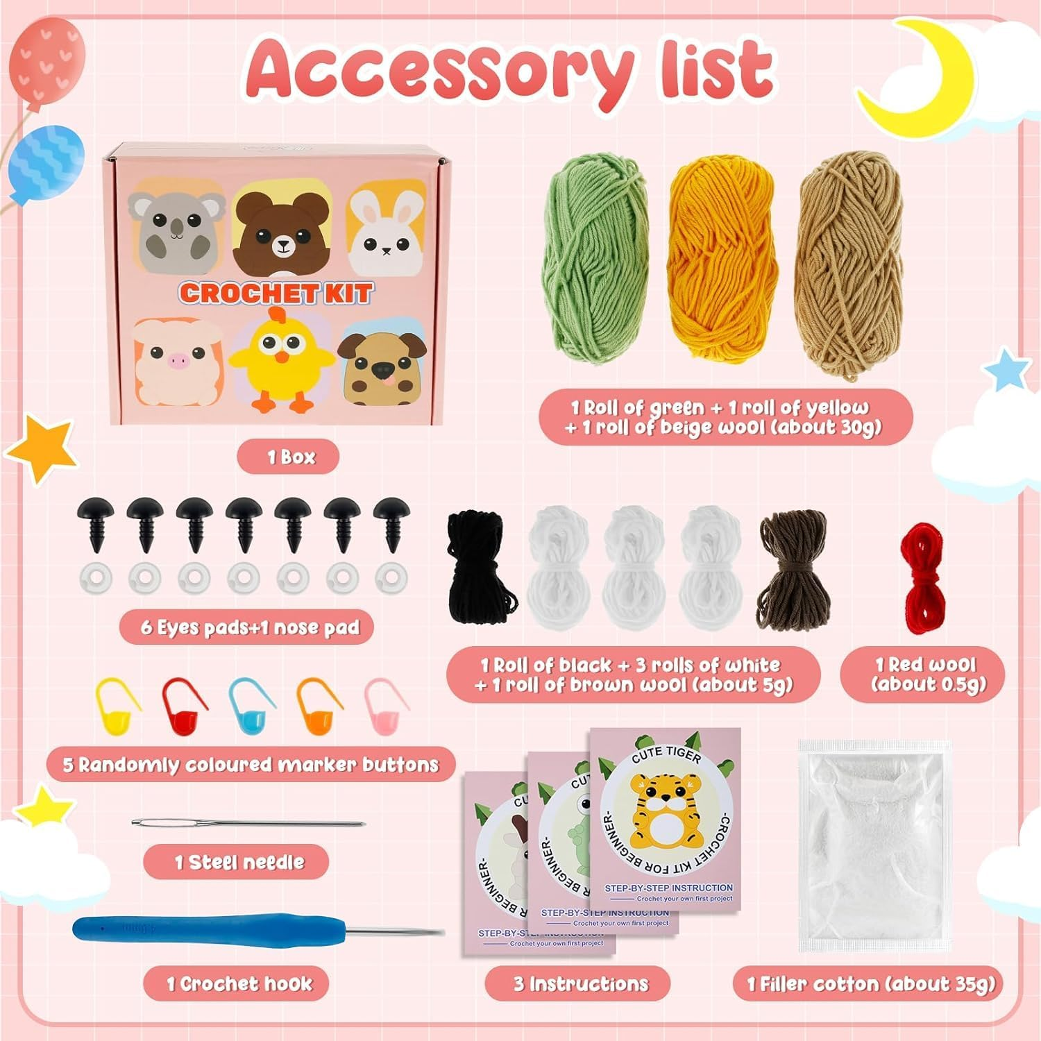 8Pcs Crochet Kit for Beginners,Beginner Crochet Starter Kit with Step-By-Step Video Tutorials,Ergonomic Adorable DIY Animal Crochet Craft Kit with Yarn Stuffing and Keychain,Crochet Starter Pack for Adults (3Pcs) - 3Pcs image number 5