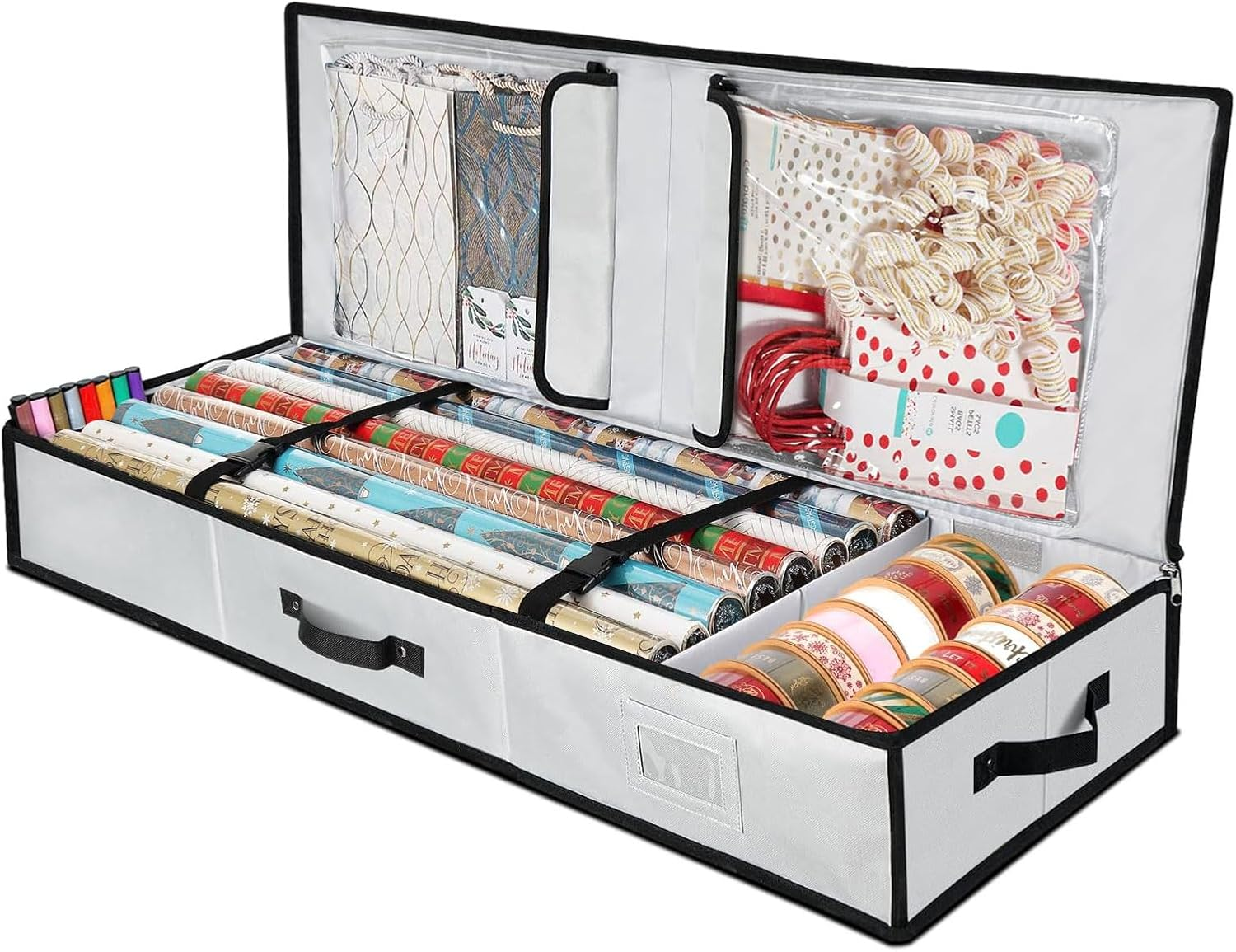 Large Wrapping Paper Storage Box for Christmas Wrapping Paper Holder Fits up to 24 Rolls Durable 600D Oxford Fabric with Extra Pockets for Accessories Packing Roll Storage Containers, Grey