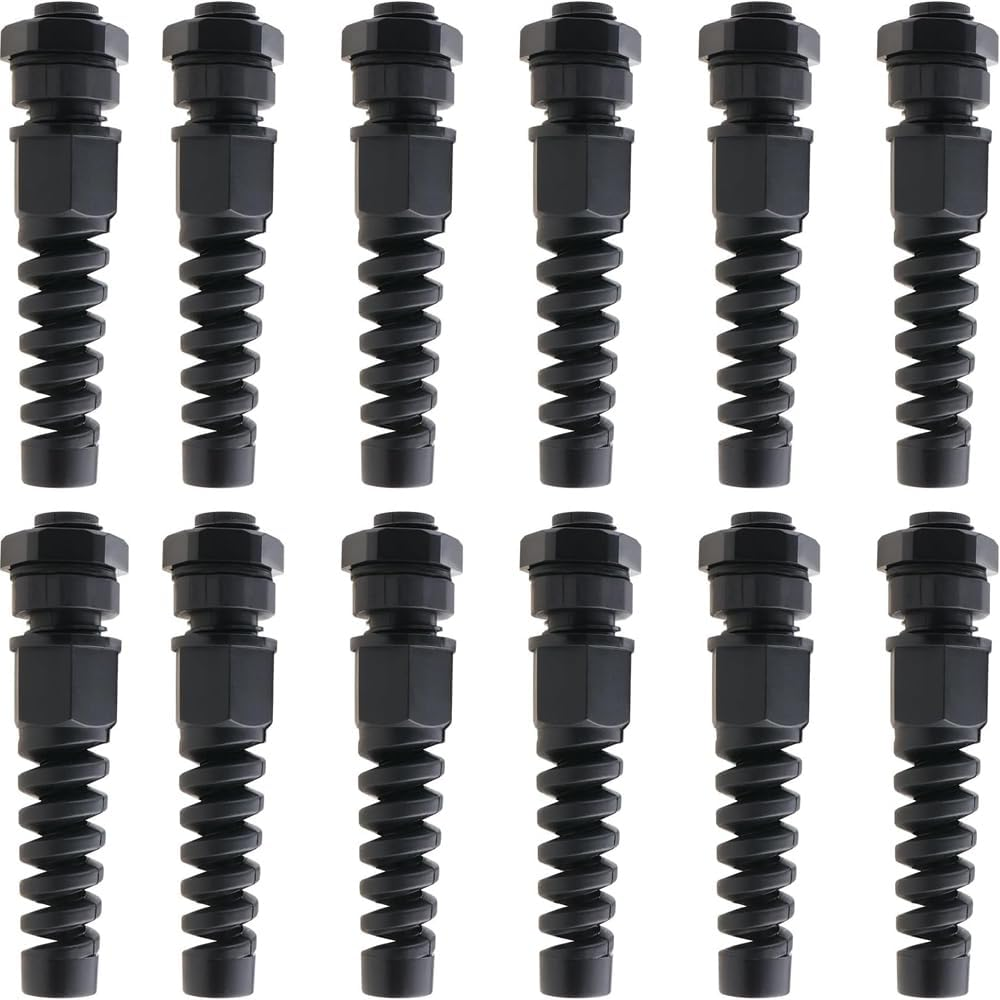 Walquicks 12 Pcs Black PG7 IP68 Cable Gland 3-6.5Mm Wire Hole Waterproof Nylon Joint with Adjustable Flex Spiral Locknut and Strain Relief for Cable Fixing image number 6