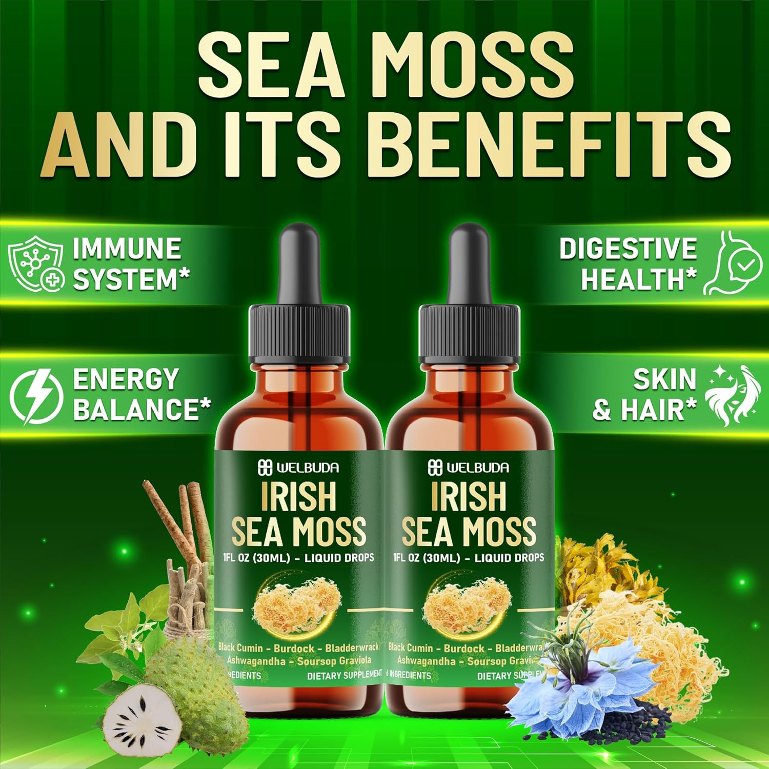 6In1 Sea Moss Liquid Supplement Combine Irish Sea Moss, Black Cumin, Burdock Root, Bladderwrack, Ashwagandha and Soursop Leaves to Support Skin & Hair Health - 1 FL Oz - 30 Servings image number 6