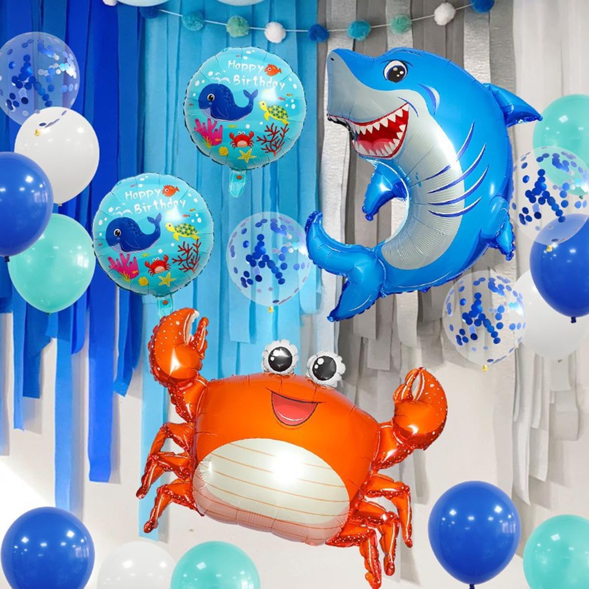 22Pcs Ocean Shark Themed Party Decorations, Blue Shark Balloons, Happy Birthday Balloons, Birthday Party, Undersea Balloons Supply image number 2
