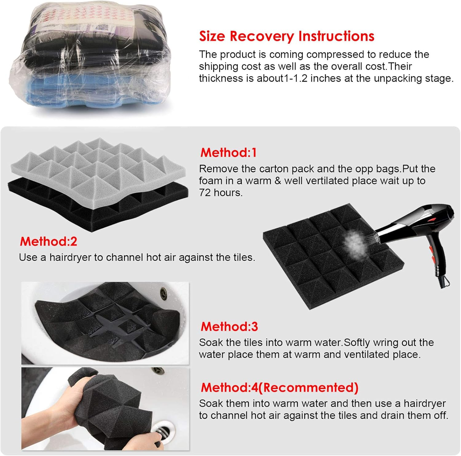 Acoustic Foam Tiles, 24 Packs Soundproof Studio Foams 25X25X5Cm Black and Grey Pyramid Acoustic Panels Home Studio Sound Treatment, for Recording Studio, TV Room, Kid&rsquo;S Room, Office, Podcast image number 6