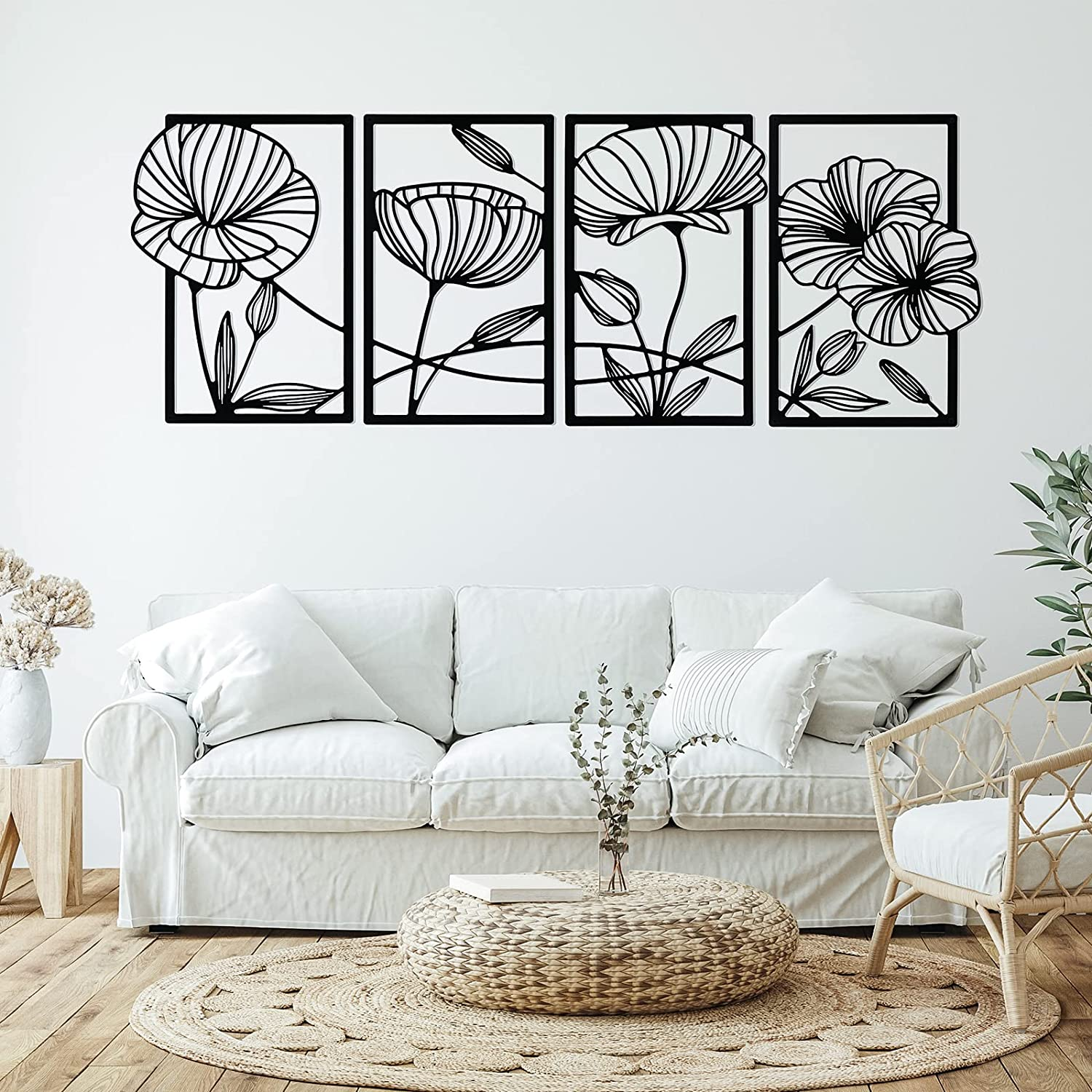 Cunno 4PCS Metal Line Art Wall Decor Living Room Metal Flower Minimalist Sculpture Modern Aesthetic Poppy Floral Minimalist Wall Hanging Bedroom Home Kitchen Bathroom 16.5X11.9'' (Black) DAY-234 image number 2
