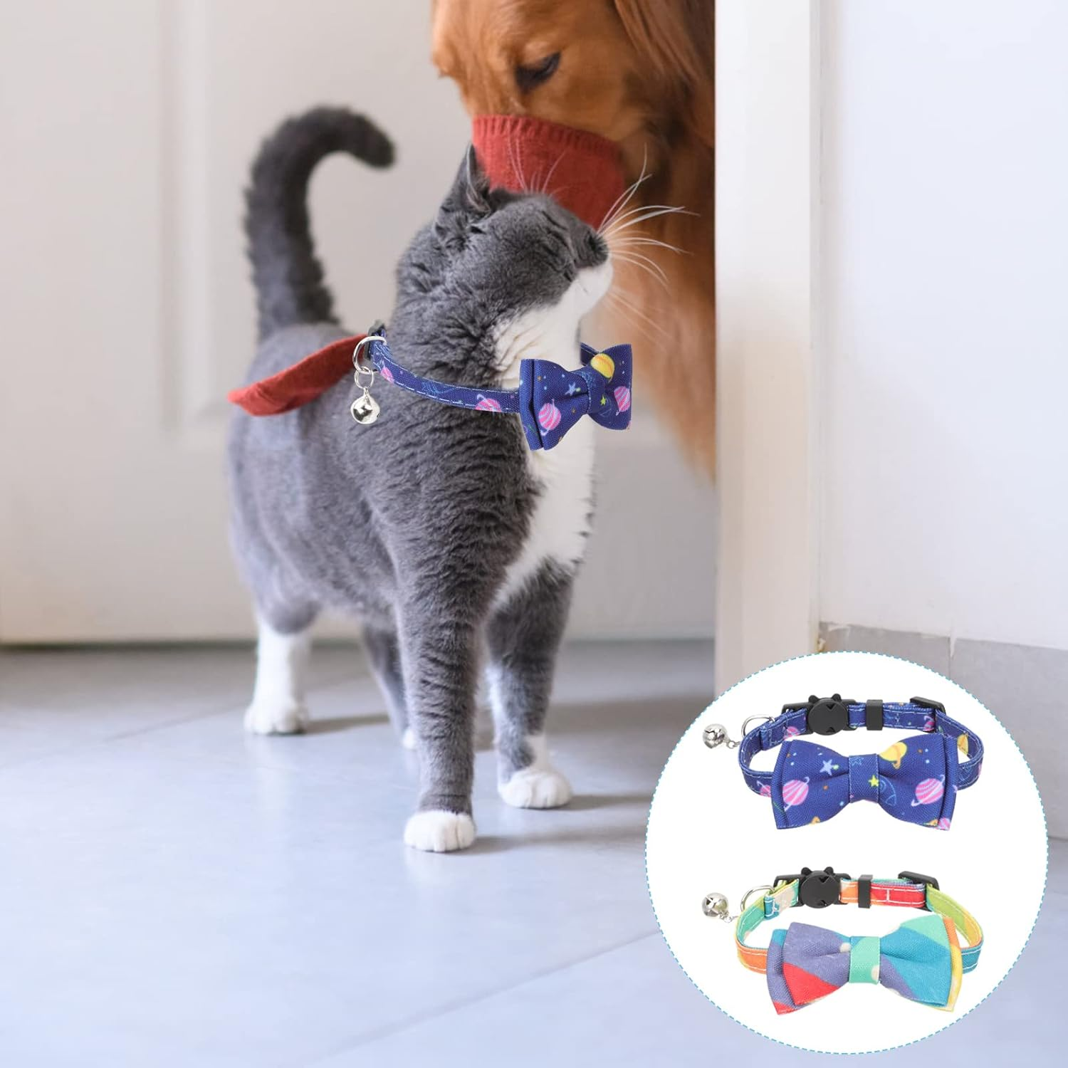 LUOZZY 2 Pcs Cat Bow Knot Collar Adjustable Kitten Collar with Bell Cartoon Pet Neck Strap Supplies Cat Neck Decor image number 2