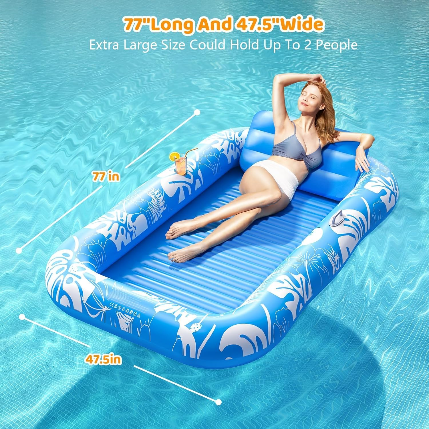 Inflatable Tanning Pool Lounger Float with Sprinkler, 214CM X 145CM Pool Floats Adult with Pillow, 6 in 1 Tub Raft Floatie with Drink Holder Sunbathing Water Lounge image number 1
