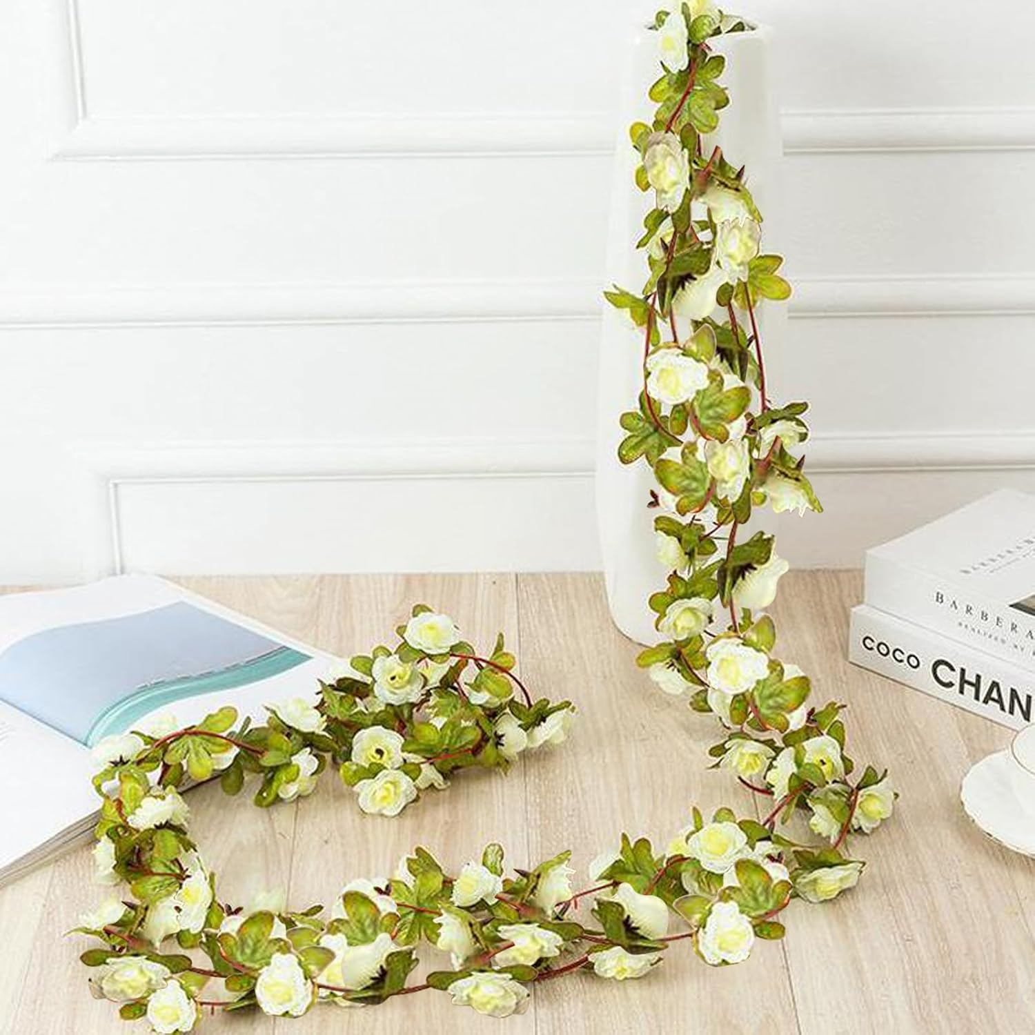 Bacucine 6PCS Artificial Flowers Garland Fake Peony Vines Hanging Silk Floral Vine for Bedroom Wedding Home Office Wall Garden Craft Decor (White) - Spring White image number 4