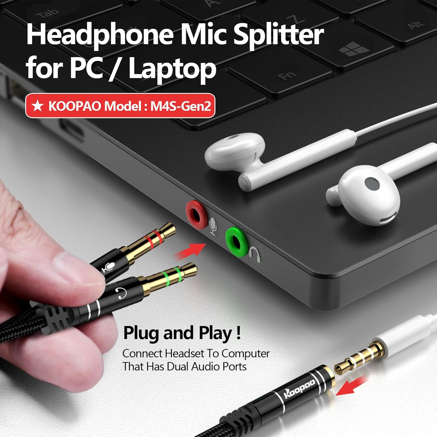 Headphone 3.5Mm Splitter Mic Cable for Computer, KOOPAO Headset 3.5Mm Female to 2 Dual Male Microphone Audio Stereo Jack Earphones Port to Gaming Speaker PC Adapter