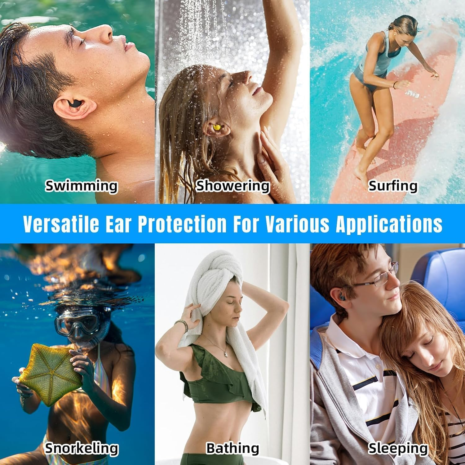 4Pairs Ear Plugs for Swimming，Soft Silicone Reusable Waterproof Ear Plugs for Noise Cancelling，Bathing, Surfing, Swimming, Kayaking(Black,Green,Blue,Yellow) image number 2