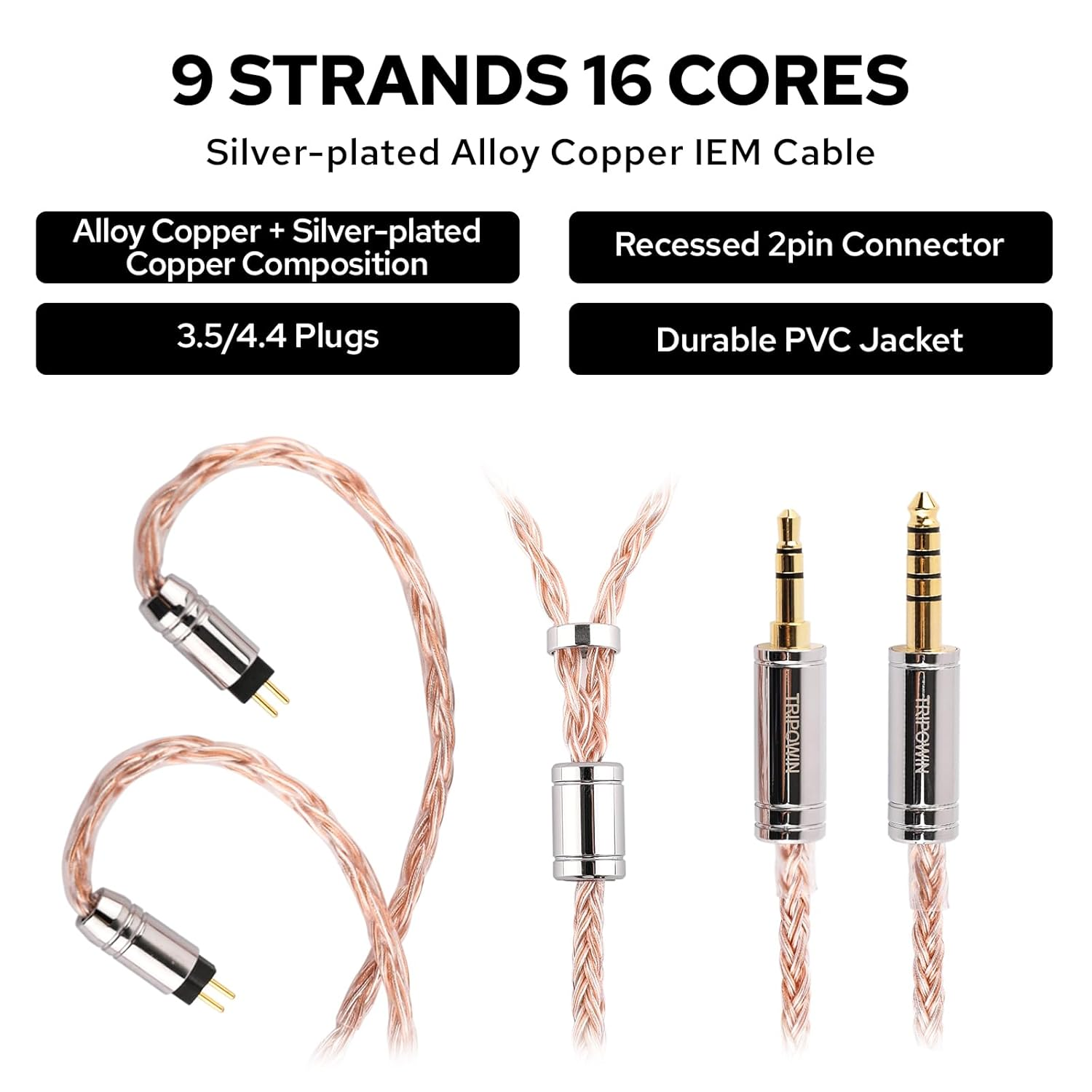 Linsoul Tripowin C-02 IEM Cable, 16 Core Silver-Plated Alloy Copper Earphone Cable, with PVC Jacket, 0.46 Low Impedance, Hifi Replacement Cable for Wired Earbuds (2Pin, 4.4Mm)