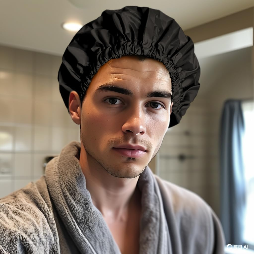 Reusable Shower Cap for Women, Large Waterproof Shower Bonnet Washable Elastic Band Bath Accessories Hair Hat for Long Hair, Braids(Black) image number 6