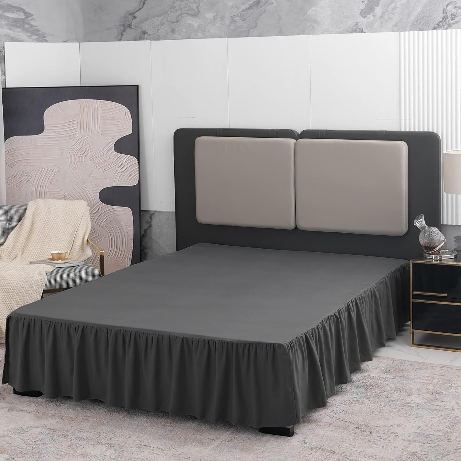 Black Bed Skirt Queen Size Ruffled Bed Skirt with Split Corners, Queen Bed Skirt 12 Inch Drop, TSUTOMI Queen Size Bed Skirt Black for Ruffled Bed Skirt with Split Corners, Bed Skirt Queen Size