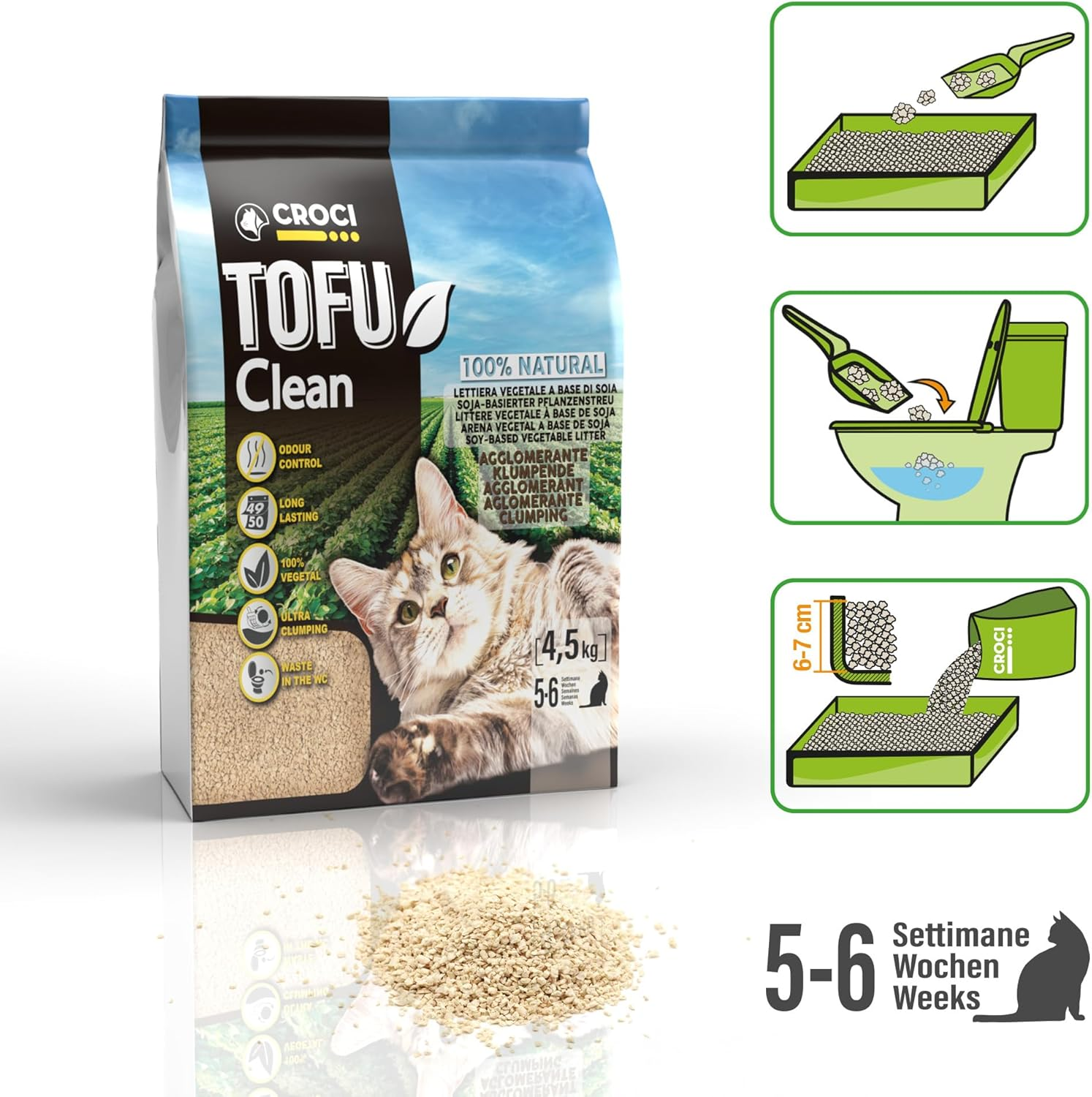 Croci Tofu Clean Litter 10L - Clumping Cat Litter, Biodegradable, Flushes down the Toilet, 100% Vegetable, Long Lasting Anti-Odor Sand image number 5