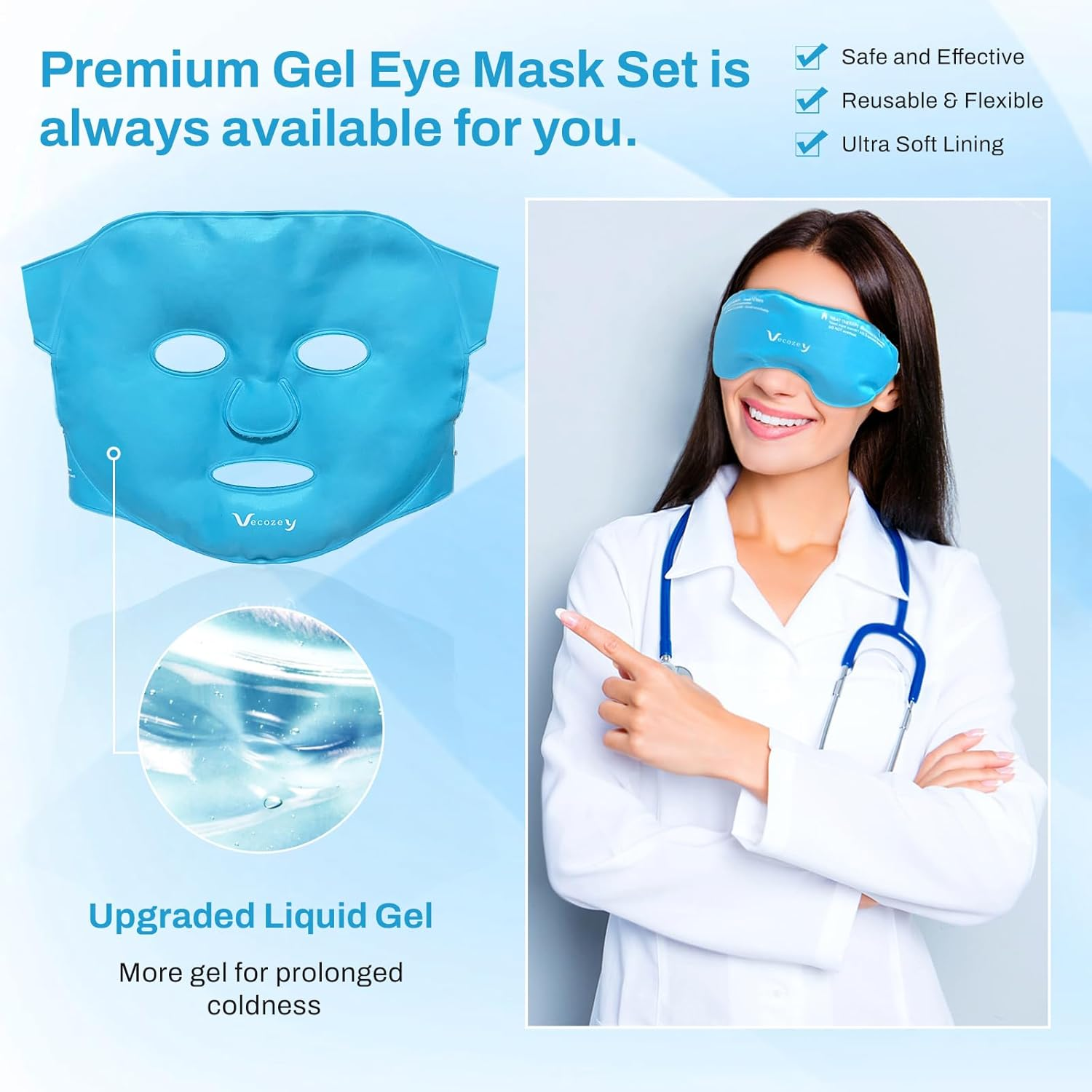 Vecozey Cooling Ice Face Mask & Gel Eye Mask Set, Dual-Sided Cooling Face and Eye Pack for Puffy Eyes, Headaches, Face Swelling, Migraines, Reusable Hot Cold Compress with Plush & Nylon Comfort Fit image number 5