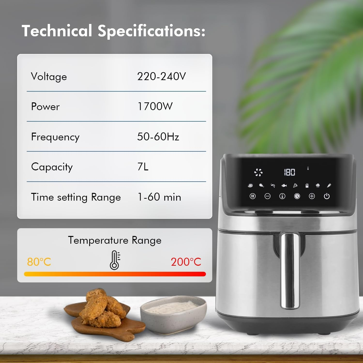 Healthy Choice Digital Air Fryer for Healthy Oil-Free Cooking - Multi-Use 1700W One Touch Digital Air Fryer for Deep Frying, Roasting, Baking & Grilling - 7.1L Stainless Steel image number 3