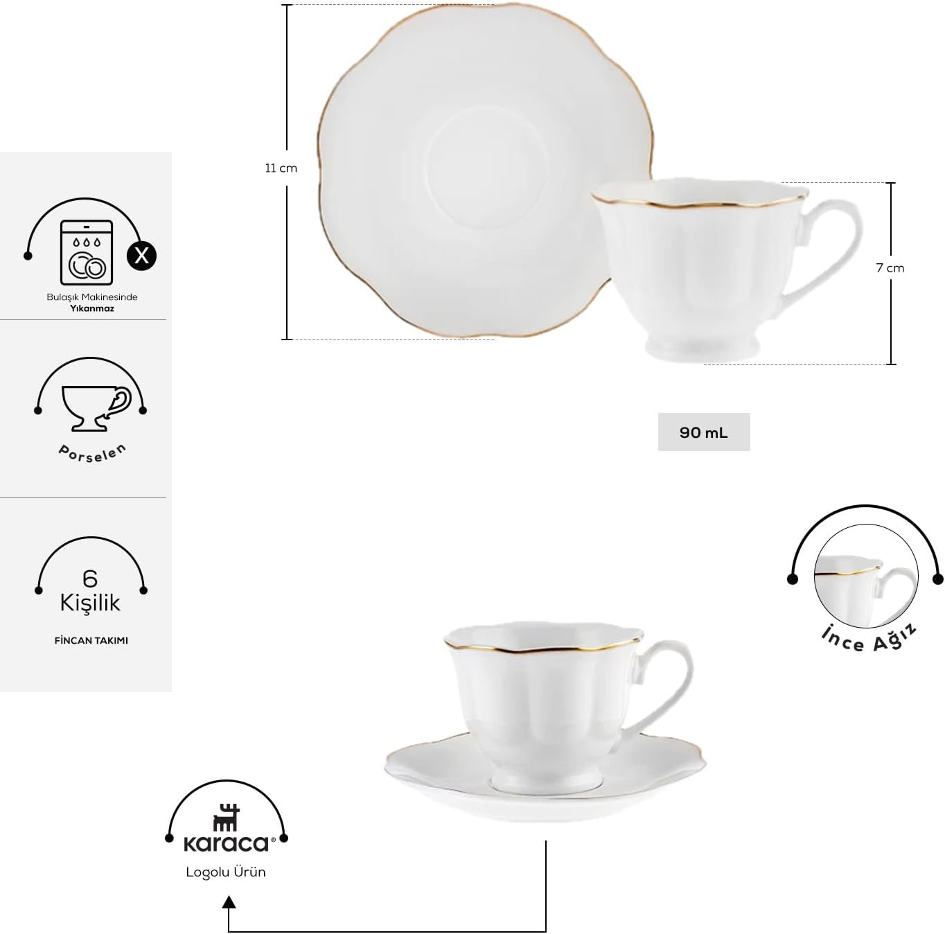 Karaca &Ccedil;an Porcelain Espresso Turkish Coffee Cup Set of 6, 12 Piece, 90Ml, Cup and Saucers, Espresso Cups, Small Coffee Cups, White Gold image number 3