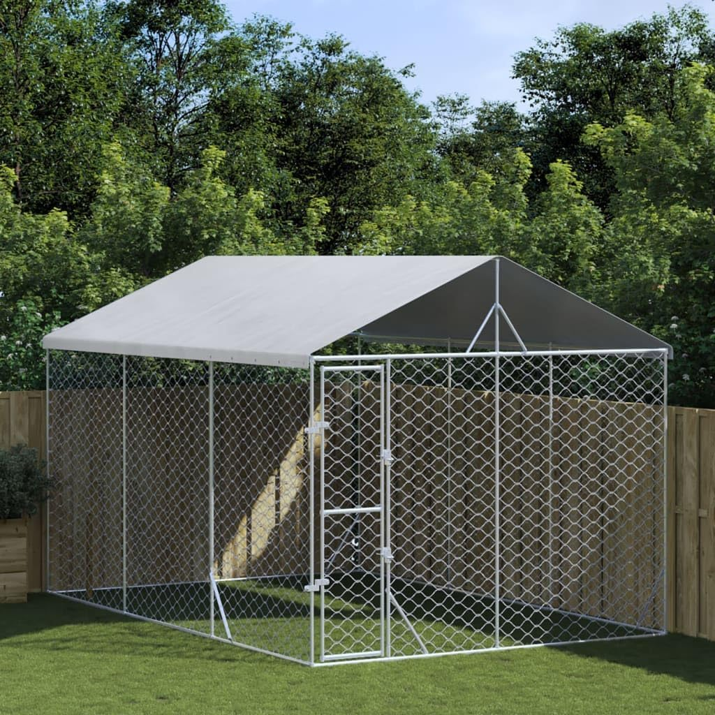 Outdoor Dog Kennel with Roof Silver 3X4.5X2.5 M Galvanised Steel Pet Shelter
