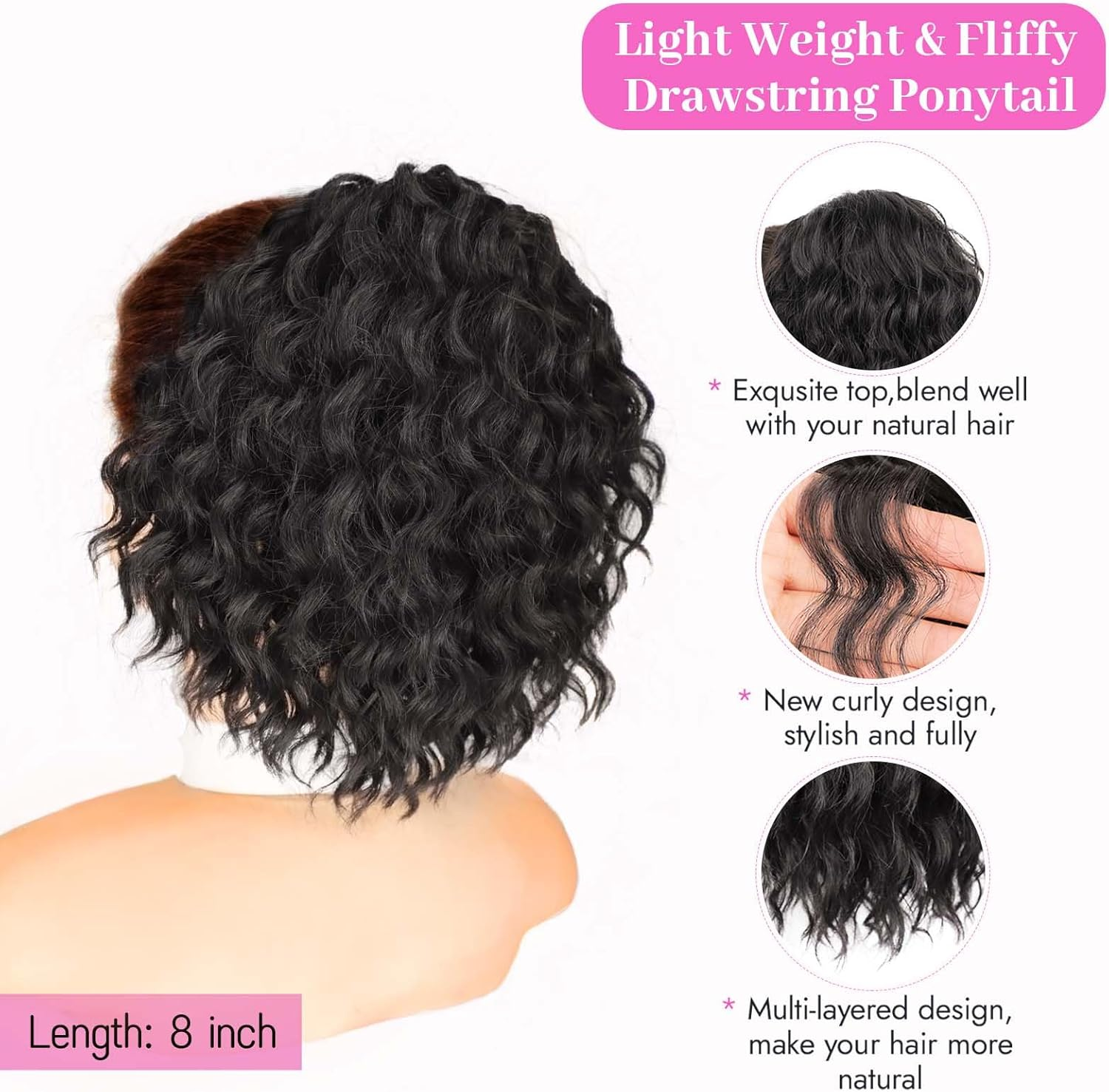 Isaic Ponytail Extension 8 Inch Short Wavy Curly Ponytails Drawstring Ponytail for Black Women Jet Black Pony Tails Hair Extensions Synthetic Hairpiece for Daily Use image number 3