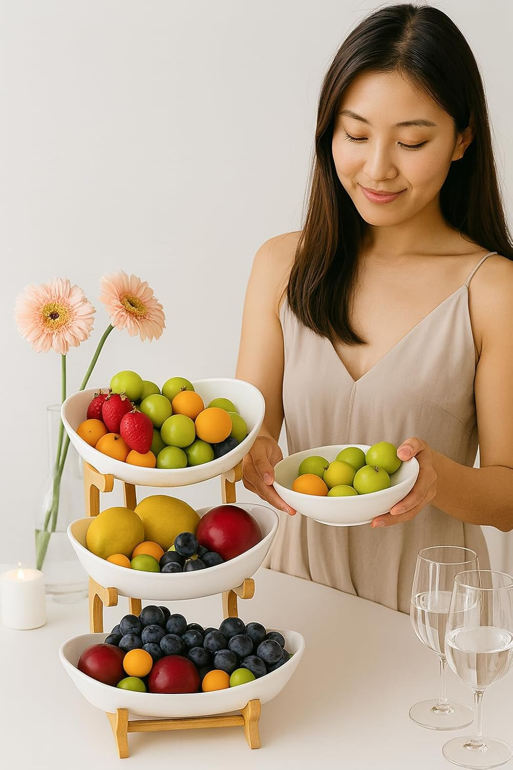 COZYVISTA - 3 Tier Fruit Bowl Stand &ndash; Bamboo Frame with White Ceramic Bowls for Countertop Storage & Display &ndash; Tiered Fruit Holder for Kitchen, Dining, or Pantry &ndash; Space-Saving & Modern Design image number 2