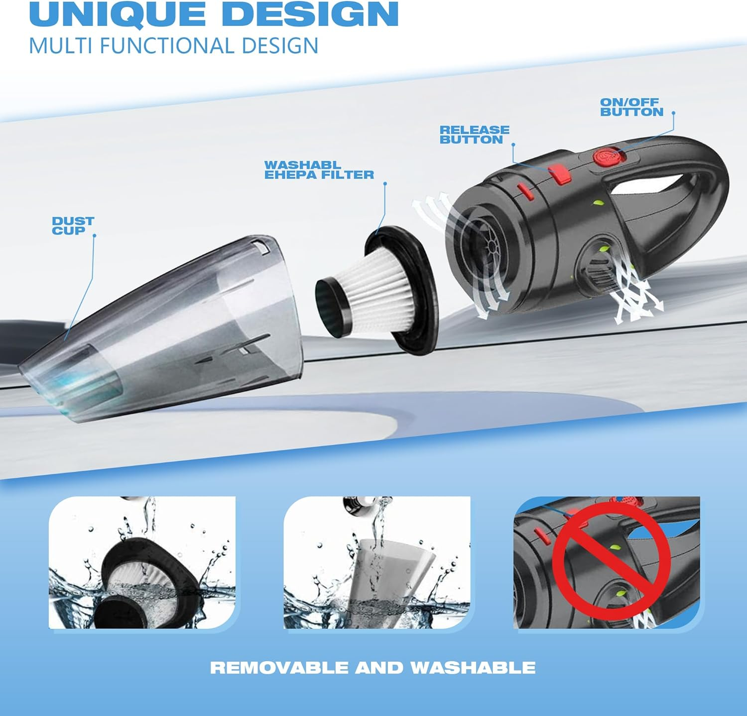 Car Vacuum Cleaner 9-Piece Set, 5000PA Powerful Cordless Vacuum Cleaner, Portable Wet and Dry Handheld Vacuum Cleaner, 120W​​​​ USB Fast Charging, Suitable for Car, Home, Office, Sofa, Pet Hair image number 2