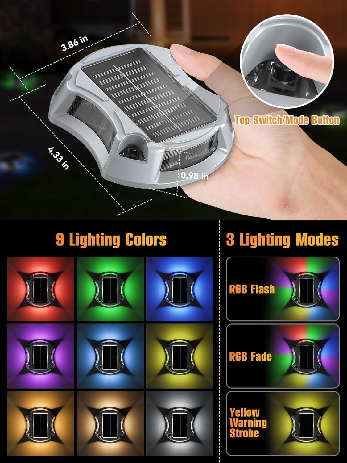 4Pack Solar Driveway Lights, Aluminum Alloy Solar Deck Light,Ip68 Outdoor Waterproof Marine Dock Lights, Multi-Color Wireless Light for Garden Path and Walkway[Rgb/Fix-Color/Strobe] image number 4