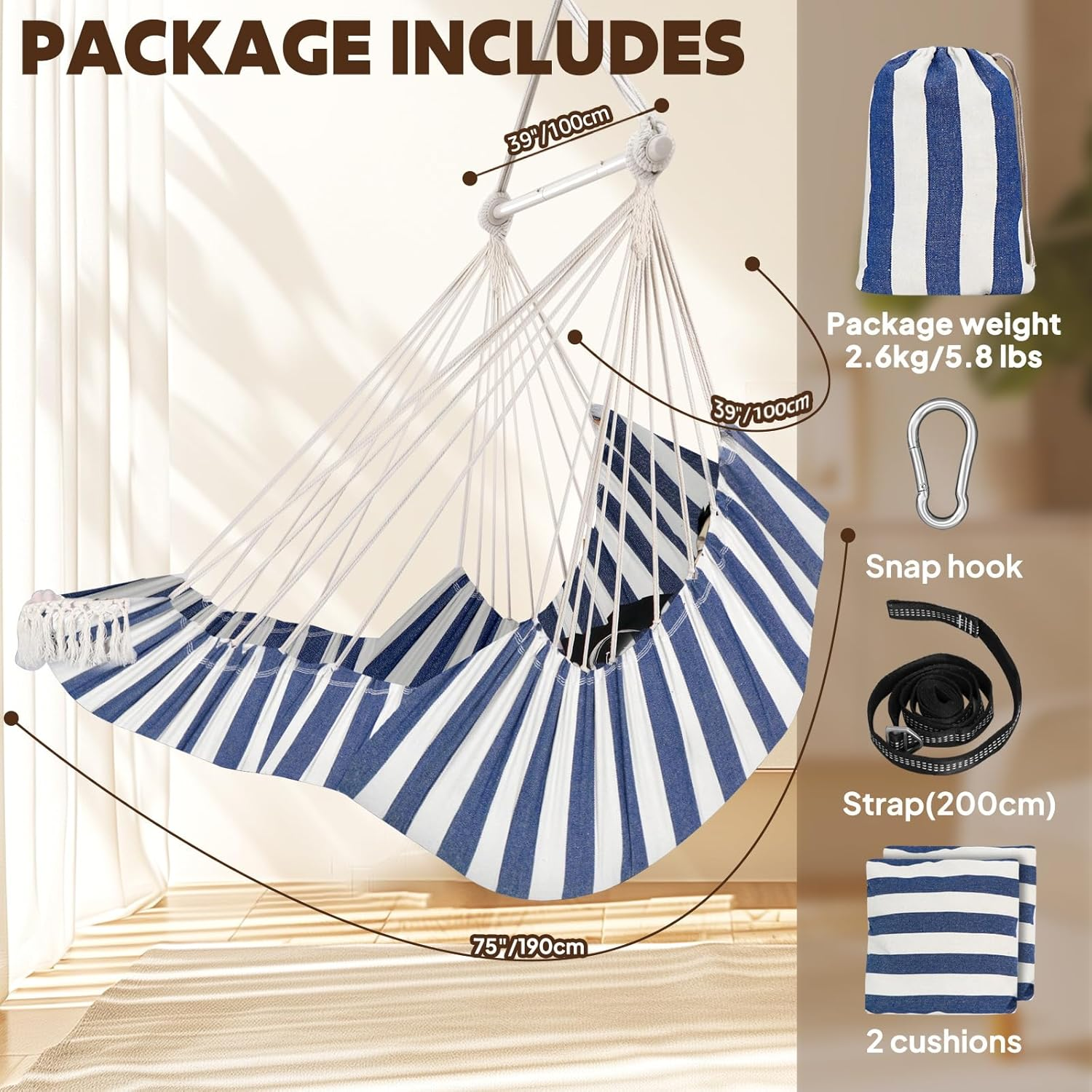 Chihee Hammock Chair Hanging Chair with Foot Rest 2 Cushions Max 500Lbs Robust Metal Spreader Bar Collapsible Easy Storage Soft Cotton Swing Chair Strong Strap Iron Carabiner Side Pocket Included image number 1