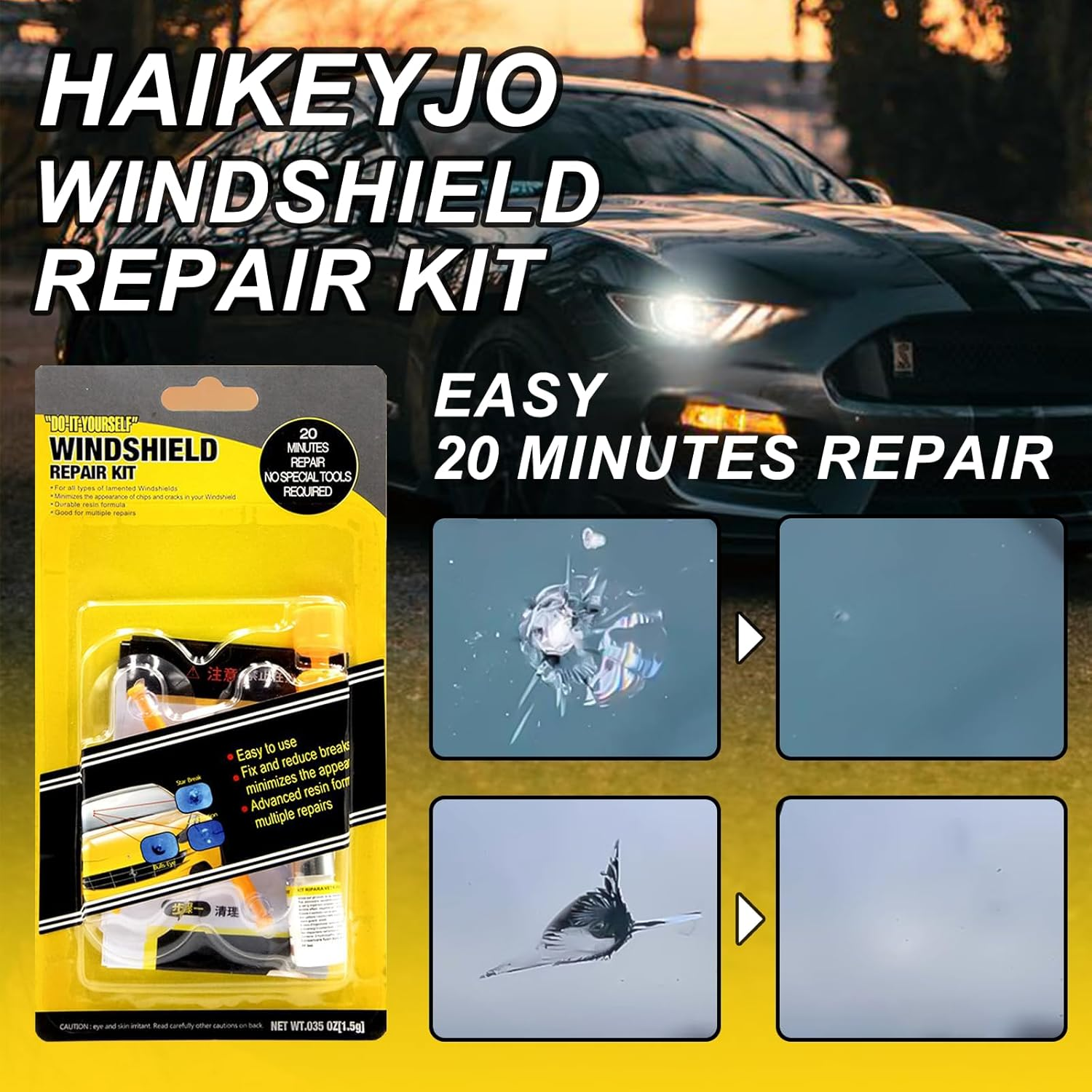 HAIKEYJO Windscreen Repair Kit for Point & Star Shape Damage, Windshield Repair Kit with Type-C Curing Light, DIY Glass Repair Kit image number 5