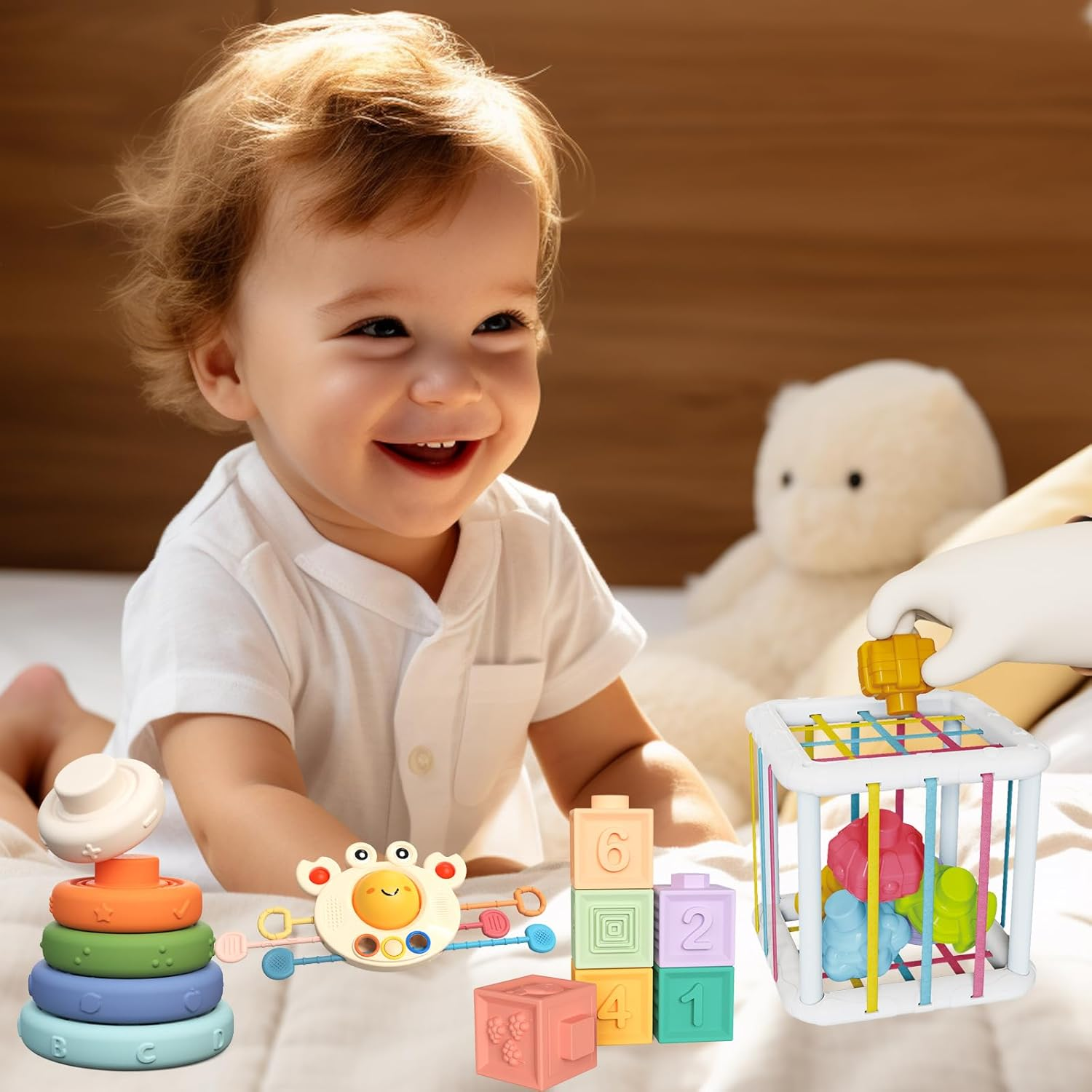 4 in 1 Montessori Baby Toys for Babies 6-18 Months,Pull String Teether, Infant Stacking Blocks, Sensory Shapes Storage Bin, Ideal Baby Boy Girl Gifts, Infant Toys 1 2 3 Year Old Boys Girls image number 4