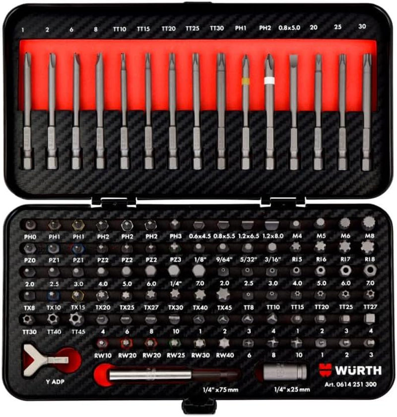 W&uuml;rth Bit Set Case 105 Pieces Extensive 1/4 Inch Bit Assortment with the Most Common Standard and Security Bits in Short and Long Design Bit Box Bit Set