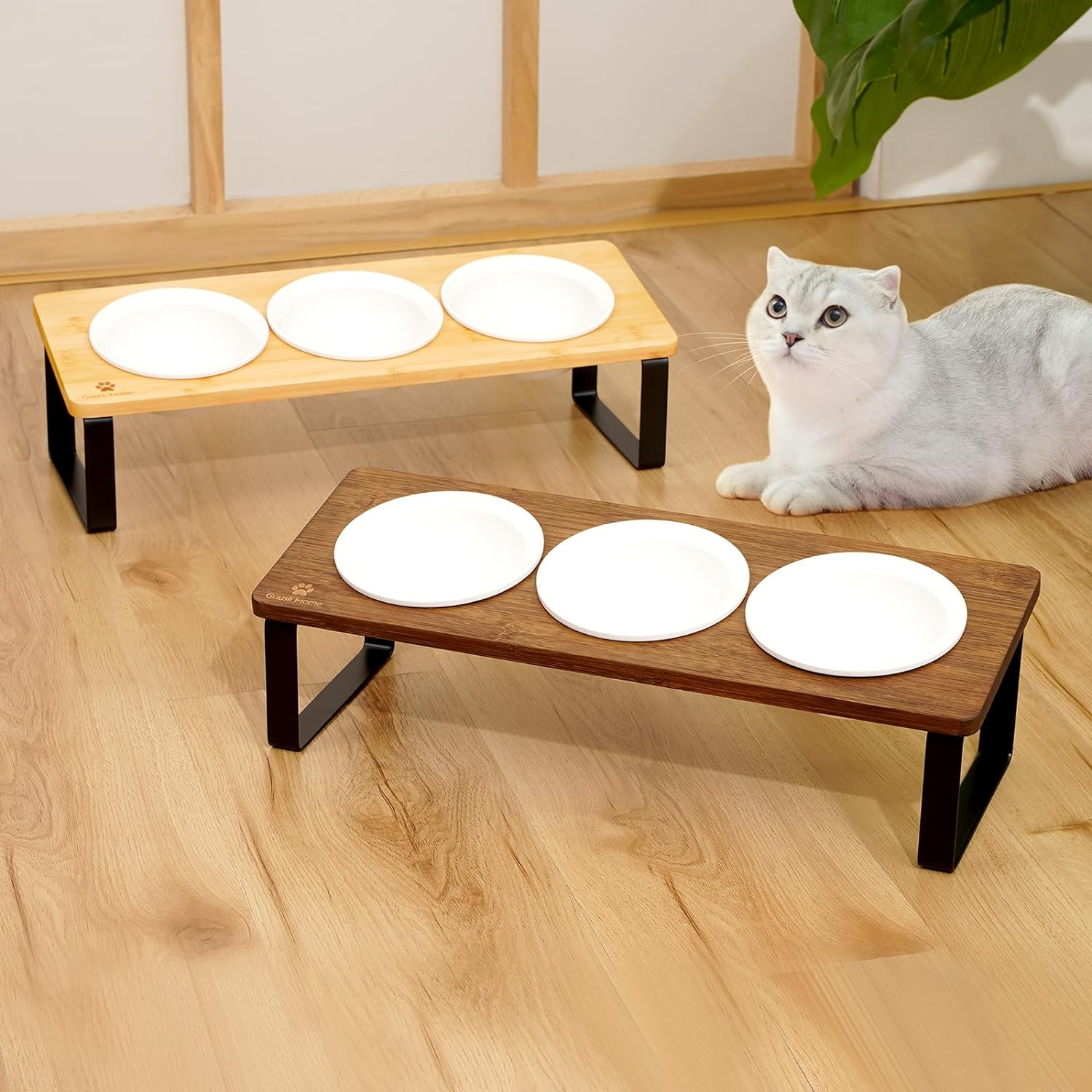 Sunhoo Raised Cat Food Water Bowl Elevated Tilted Kitty Dishes Set of 3 Ceramic Dish for Indoor Cats Orthopedic Pet Food Stand Reduces Vomiting 3 Bowl Cat Feeder Easy Assembly(Wood Color) - Wood Color image number 2