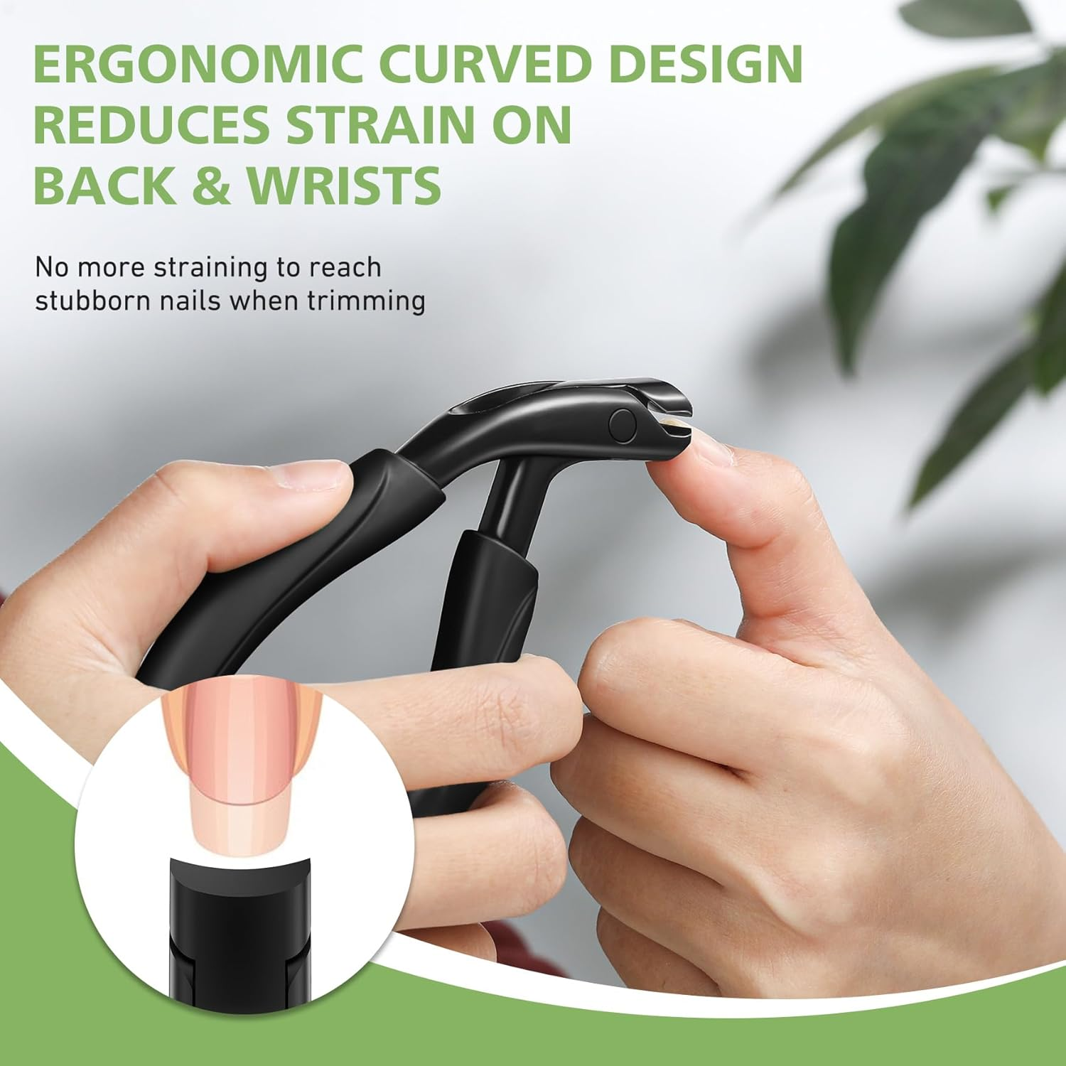 BALUCA Curved Head Toenail Clippers for Seniors for Thick Toenails, Long Handle Toe Nail Clippers with Catcher, German Stainless Steel Angled Nail Clippers with Silicone-Grip - Black