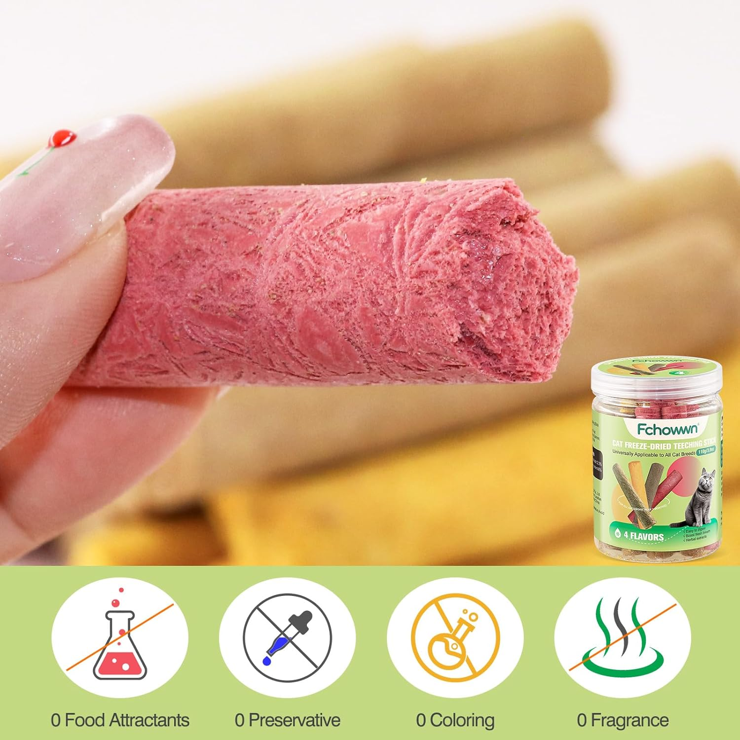4 Flavors/110G Freeze-Dried Cat Treats,Natural Crunchy Cat Treats,Chew Sticks for Cats,Cats Dental Healthy and Hairball Control,(Beef,Cat Grass Salmon,Chicken Pumpkin,Chicken Dragon Fruit) image number 2