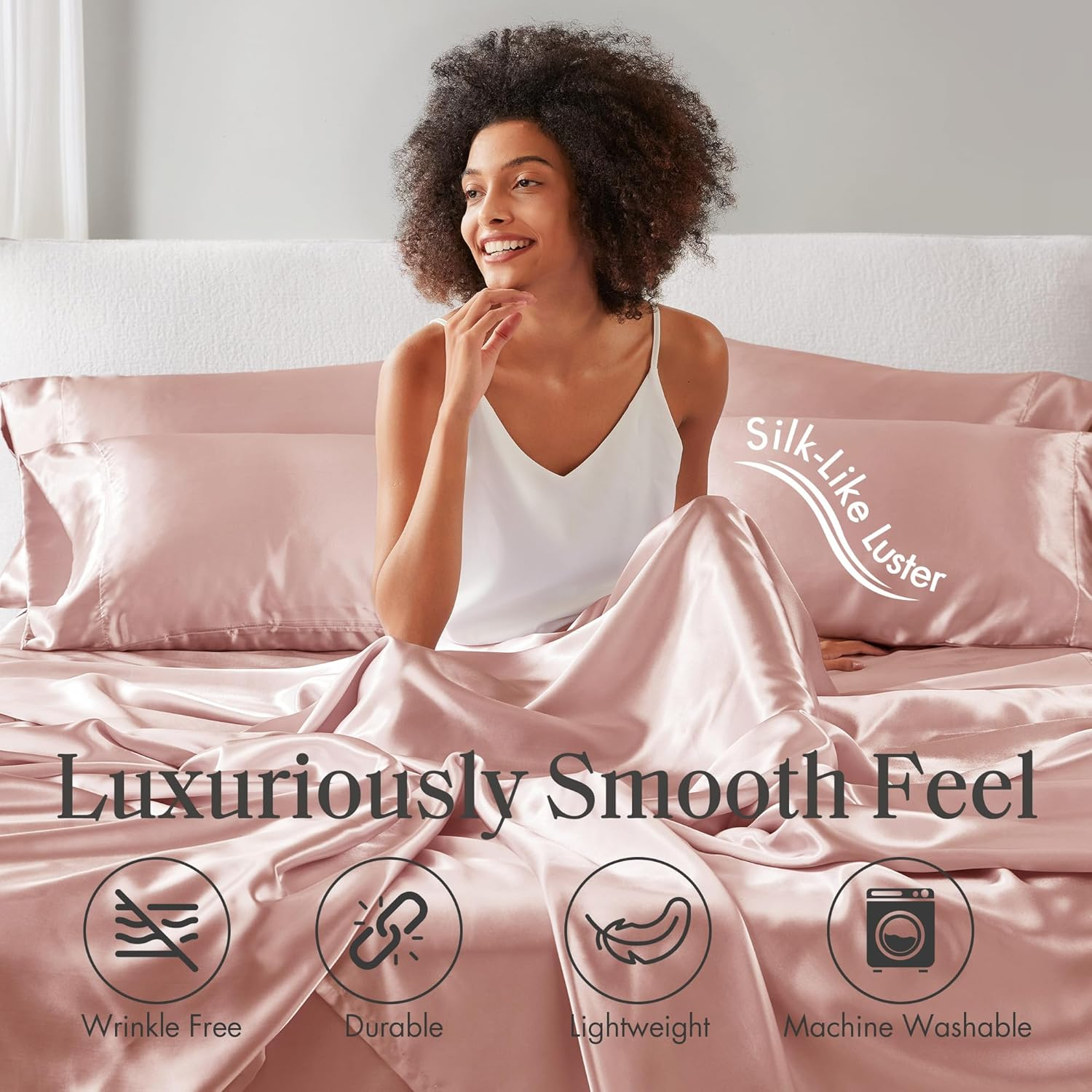 Madison Park Essentials Satin Sheet Set Wrinle-Free Luxurious and Silky with Natural Sheen, Premium 16" Deep Pocket, All around Elastic - Year-Round Bedding, Queen, Blush, 6 Piece image number 3