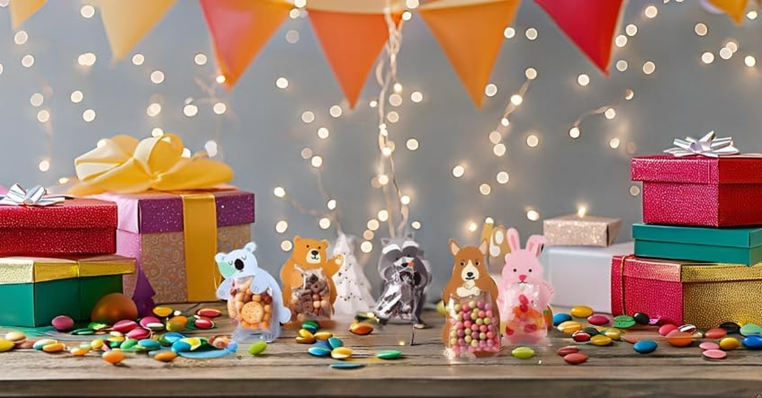 50 PCS Cute Cartoon Animal Cellophane Candy, Cookies Bags - DIY Biscuit Treat Bags, Goody Bags for Birthday,Wedding, Christmas, Self-Adhesive Clear Candy Cookie Poly Gift Bags for Party Favors image number 1