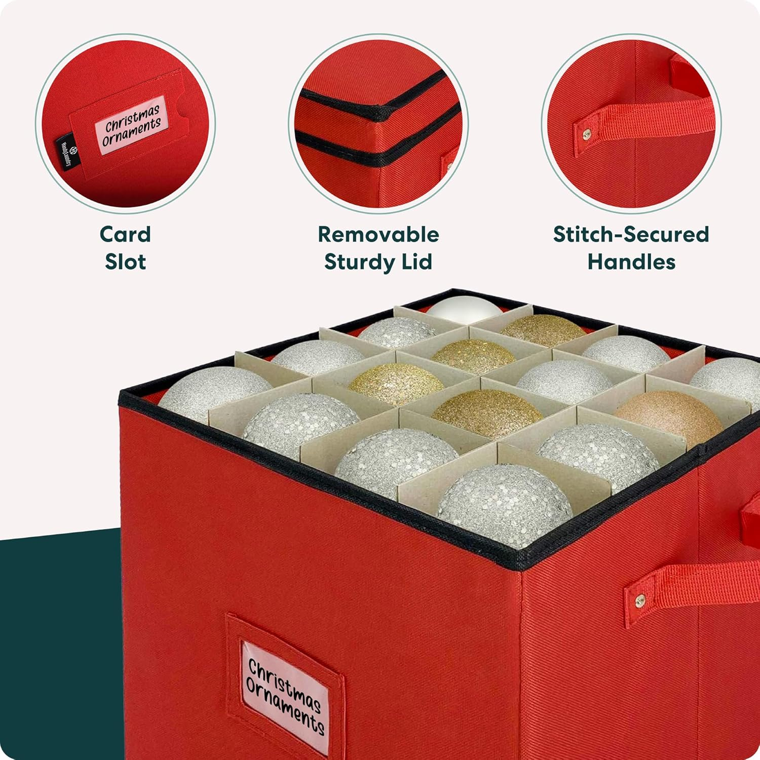 Christmas Ornament Storage - Stores up to 64 Holiday Ornaments, Adjustable Dividers, Covered Top, Two Handles. Attractive Storage Box Keeps Holiday Decorations Clean and Dry for Next Season. (Red) image number 5