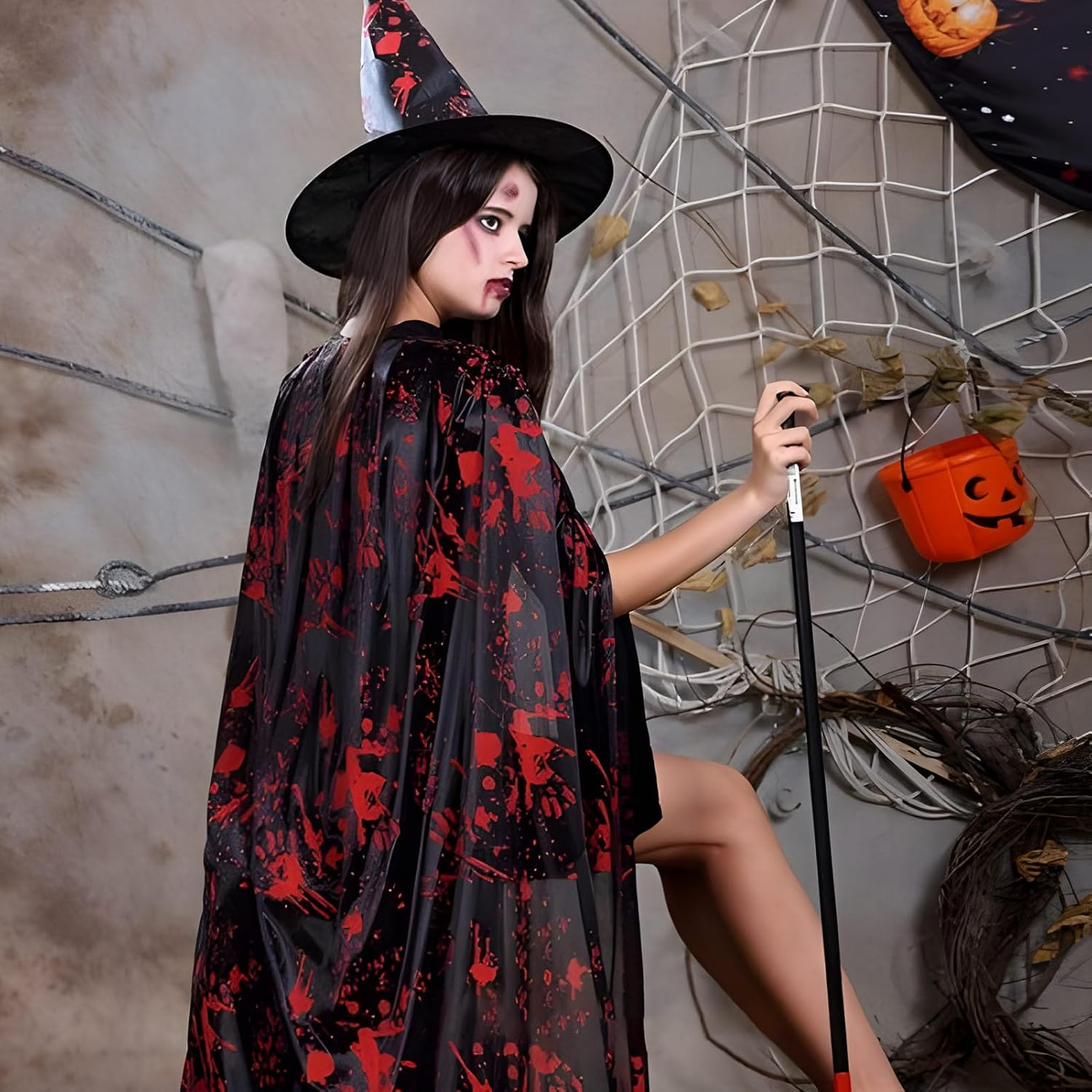 Adult Halloween Vampire Witch Cloak + Mask + Tattoo Stickers 2 Pieces (Style A, One Size) image number 5