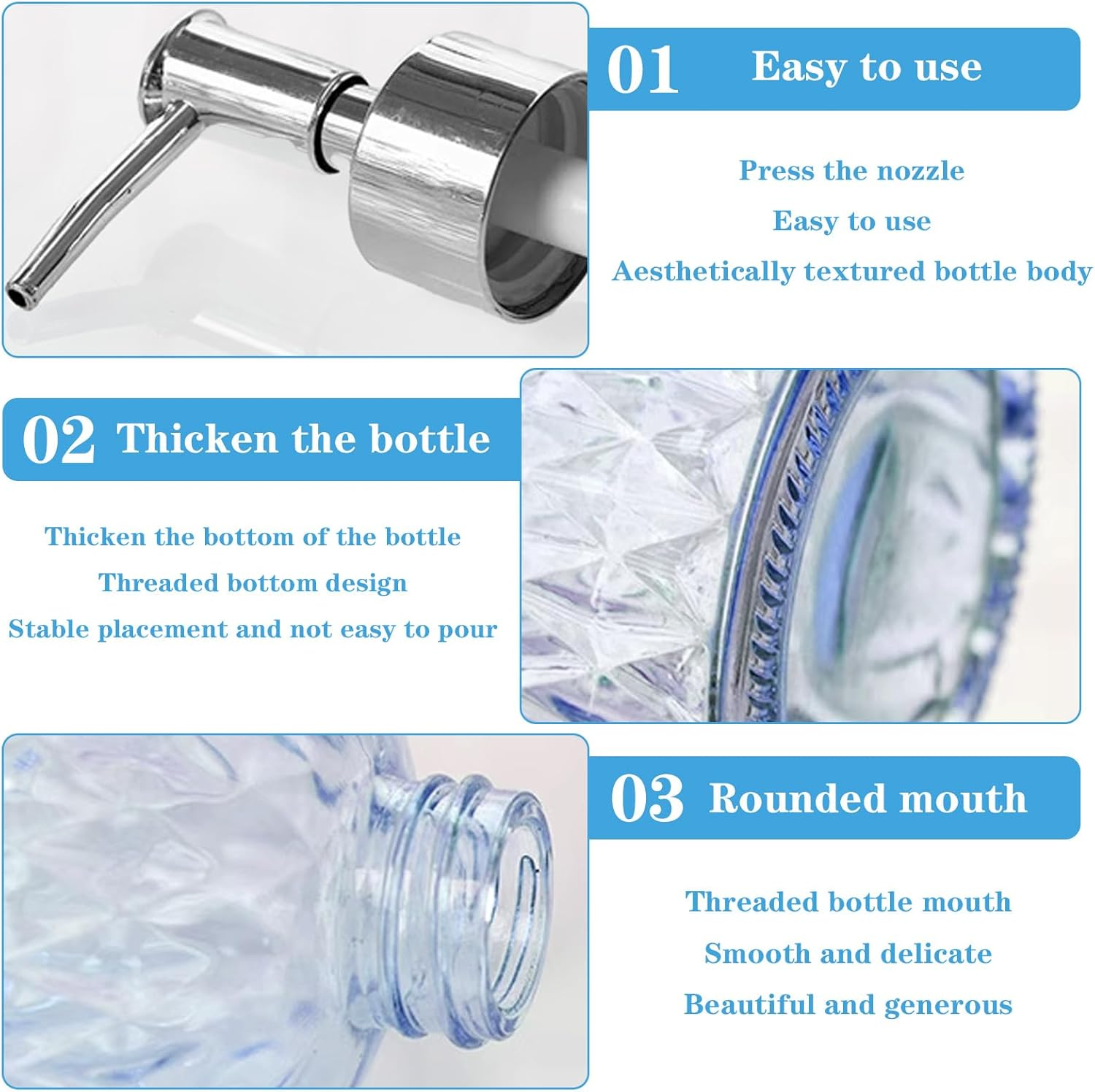 Glass Soap Dispenser Set &ndash; 2 Pack 13.5Oz (400Ml) Gem-Patterned Refillable Hand Soap Dispenser with Rust Proof Stainless Steel Pump Clear Bathroom & Kitchen Dispenser for Dish Soap, Lotion image number 4