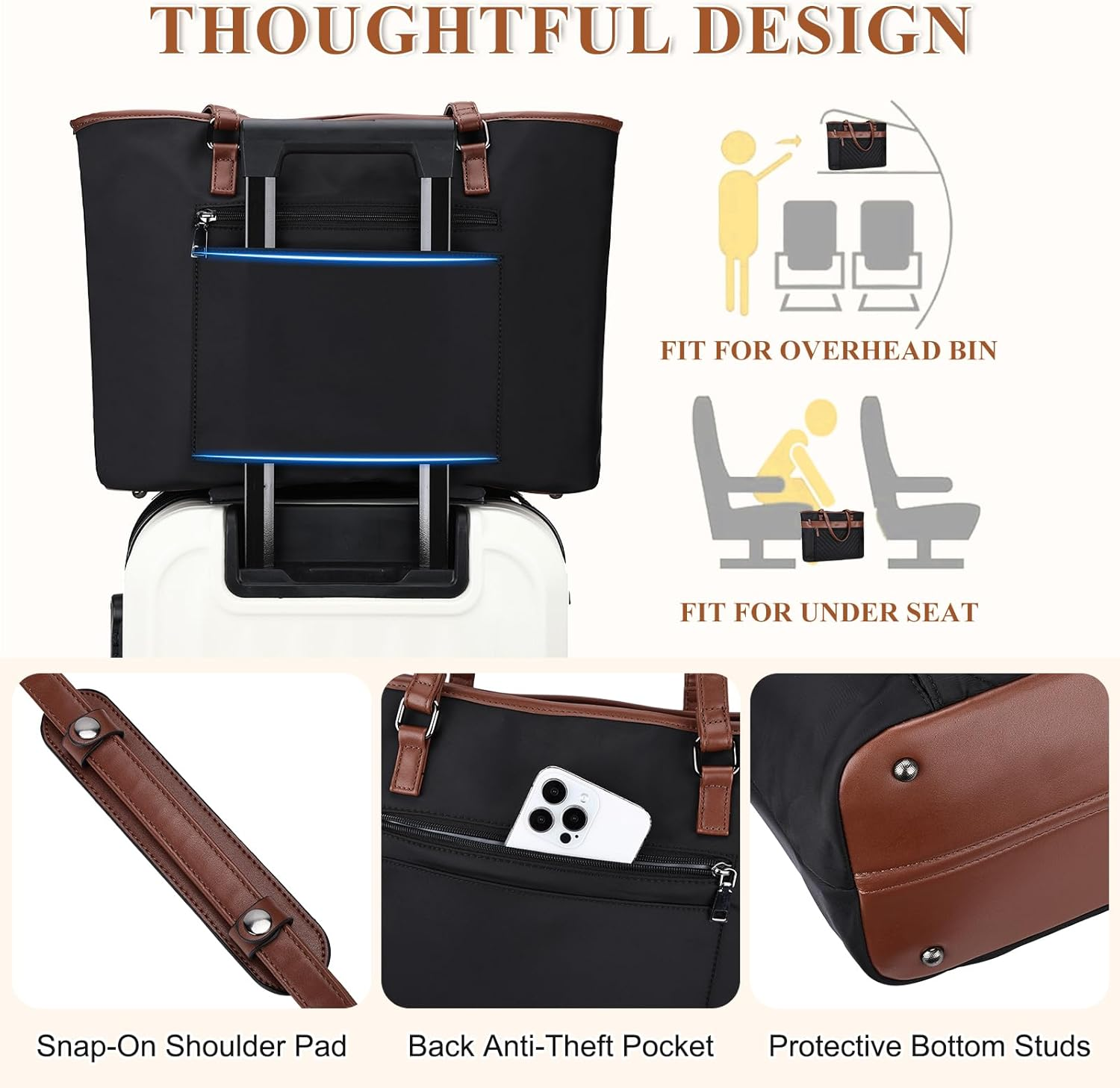 Laptop Tote Bag for Women, KASQO Large Water-Resistant 15.6 Inch Computer Shoulder Bag Ladies Work Tote Leather Handbags Satchel with Clutch Purse for Office School Travel - Black image number 5