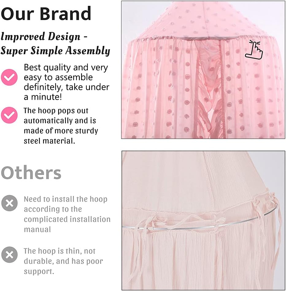 Kids Bed Canopy for Girls, Pink Crib Canopy Princess Hanging Children Canopy Tent, Toddler Girl Canopy Bed Netting for Baby Room Bedroom Reading Nook, Macrame Lace Boho Nursery Canopy with Pom Pom