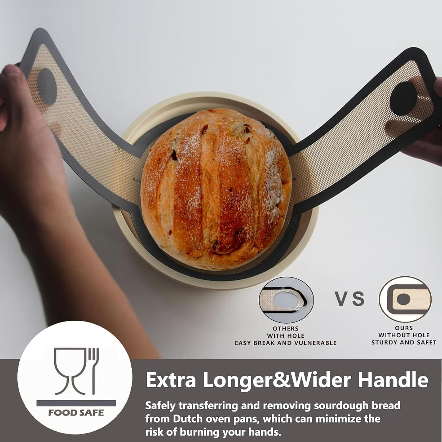 Silicone Bread Sling Oval and round - Non-Stick & Easy Clean Reusable Oval Silicone Baking Mat for Dutch Oven. with Long Handles Sourdough Bread Baking Mat Tools Supplier Liner (Gray) image number 2